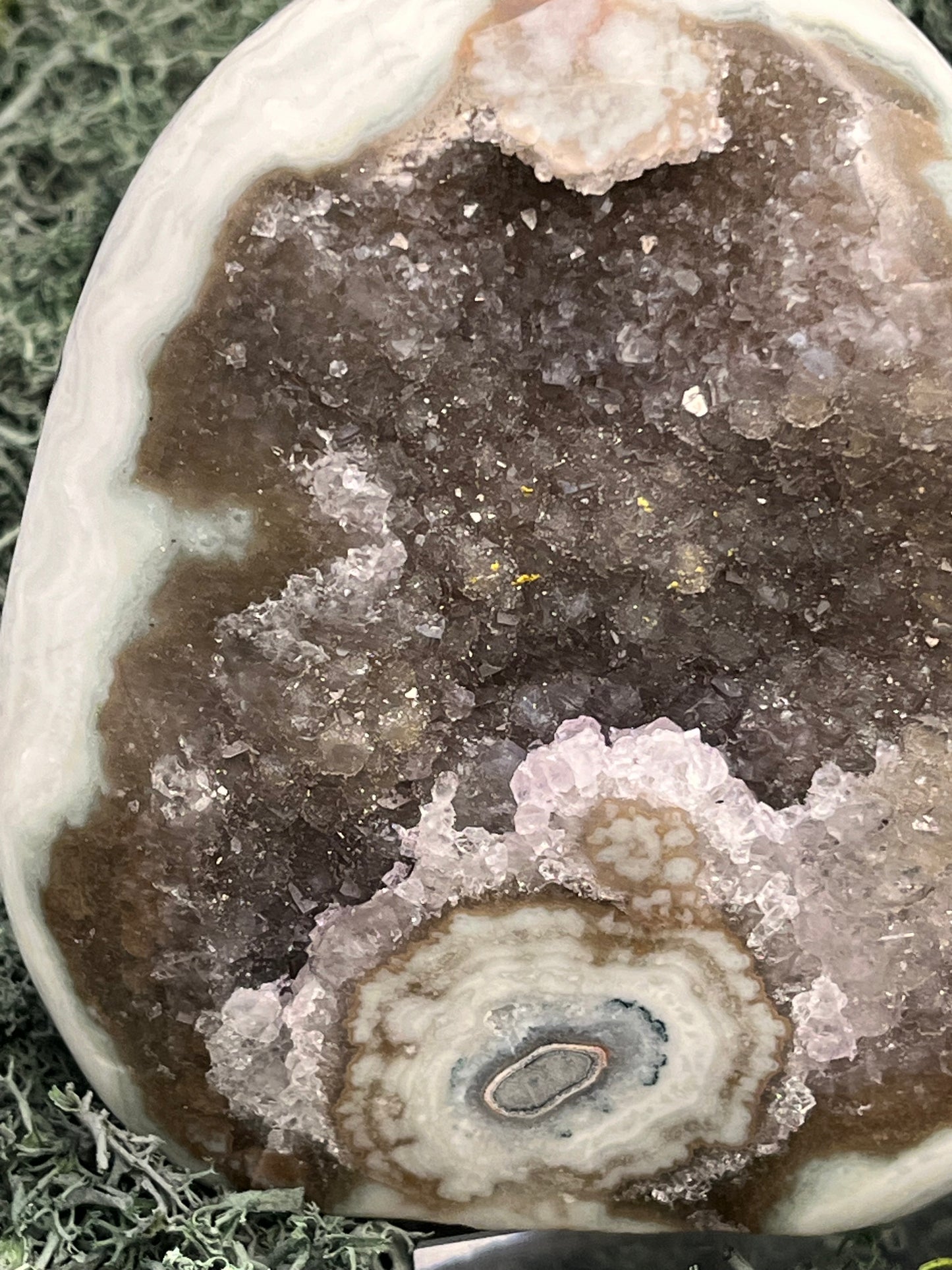 Achatisierter Amethyst Druse aus Uruguay (744g) - wunderschöne Achatisierungen und Blume bei goldenen Kristallen - crystal paradise