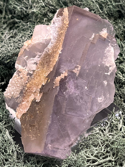 Fluorit Stufe aus Baluchistan/Pakistan (268g) - Handstufe mit Barcode-Kristallstruktur auf großem violetten Kristall - crystal paradise