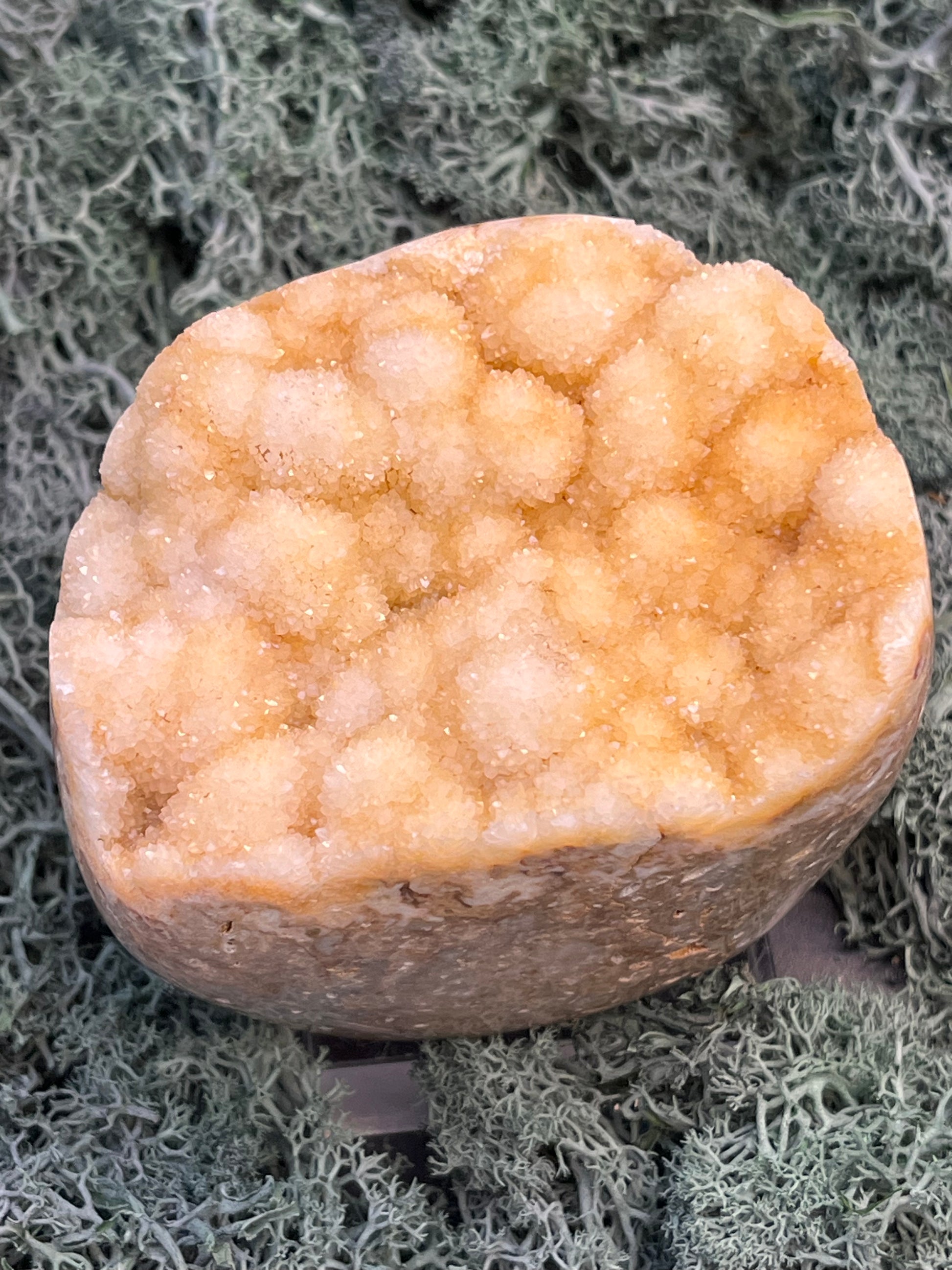 Gold-/beigefarbene Calcit Druzy Freeform aus Pakistan (652g) - Halbkugel mit schöne grossen Kugelkristalle - crystal paradise