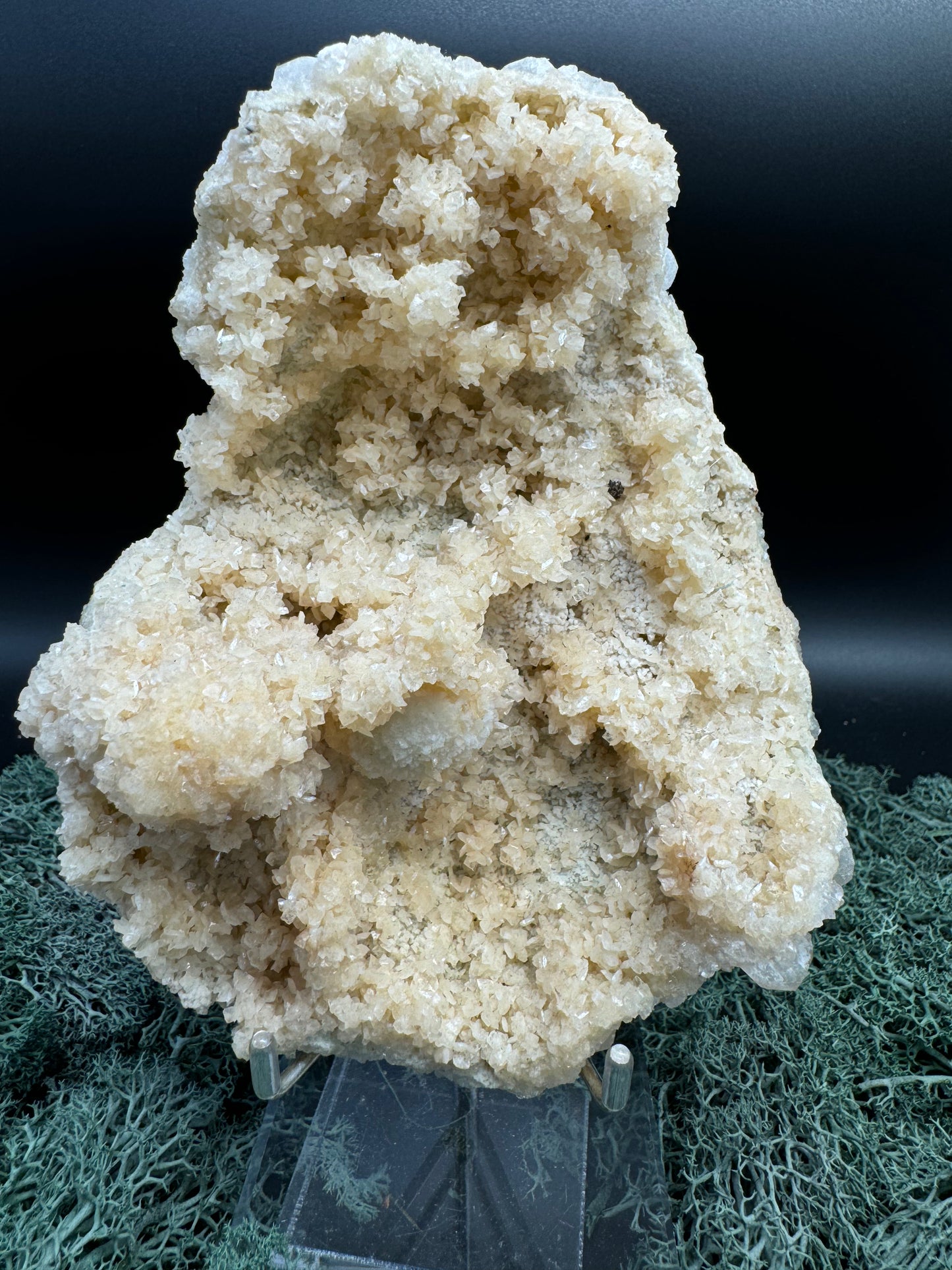 Okenit auf Calcit Rückseite Apophyllit XL Cluster aus Indien (397g) - viele Apophyllit Kristalle - crystal paradise