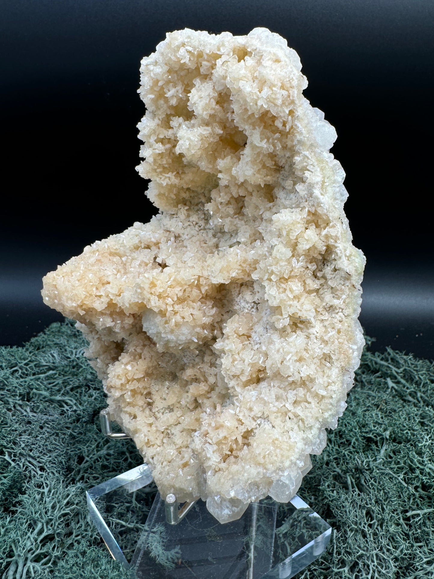 Okenit auf Calcit Rückseite Apophyllit XL Cluster aus Indien (397g) - viele Apophyllit Kristalle - crystal paradise