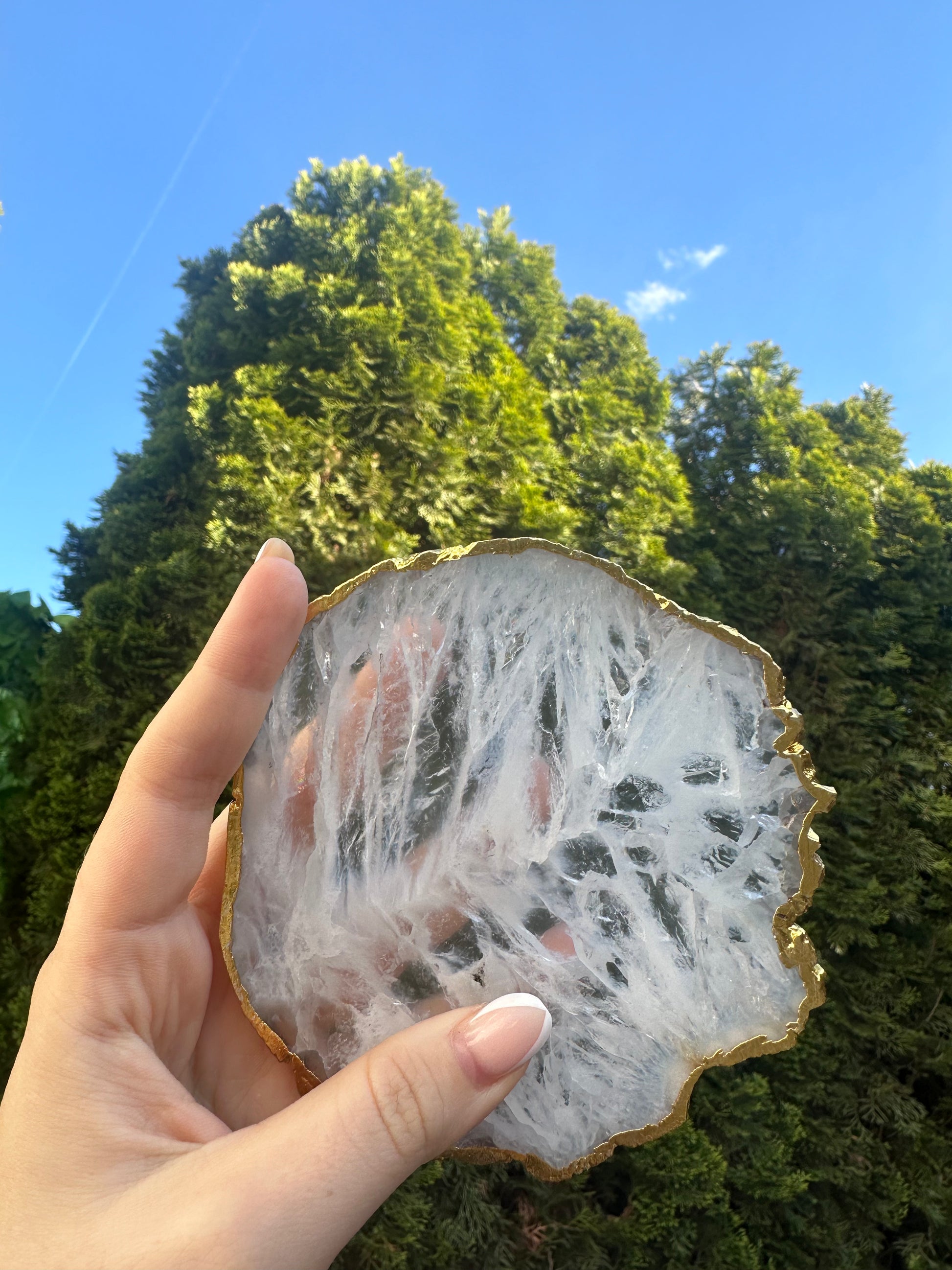 Salz-Achatscheibe weiß mit Goldrand - ca. 10 cm Durchmesser (Sammlerstück oder Untersetzer) - crystal paradise