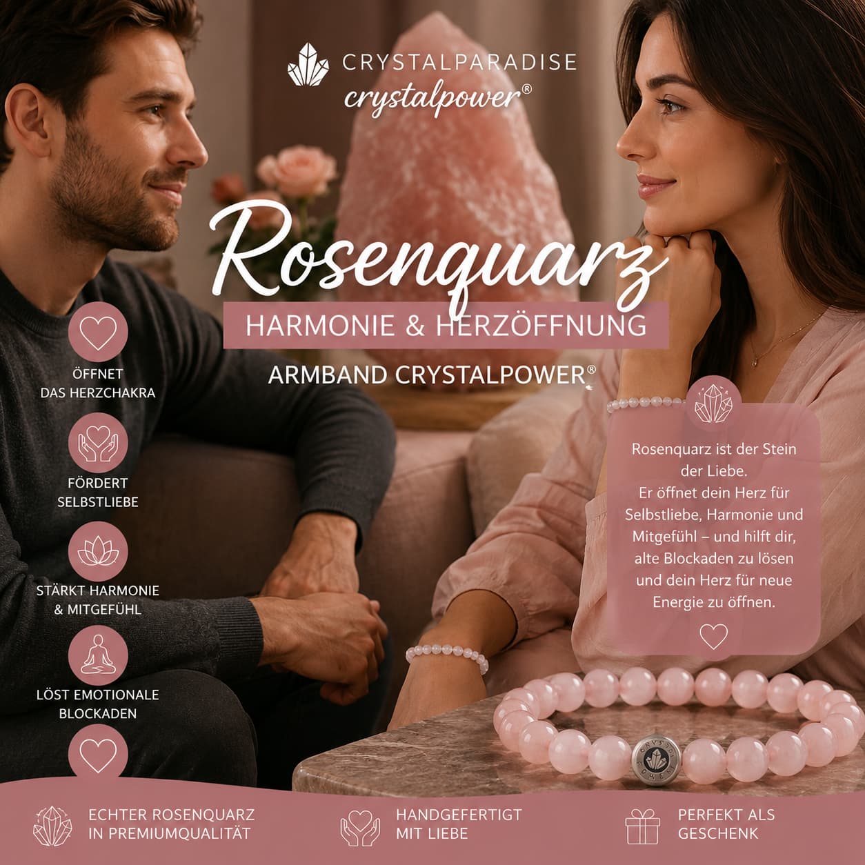 Rosenquarz– Harmonie & Herzöffnung - Armband crystalpower® - crystal paradise