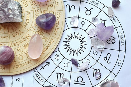 Amethyst und Rosenquarz auf einem Tierkreiszeichen-Rad