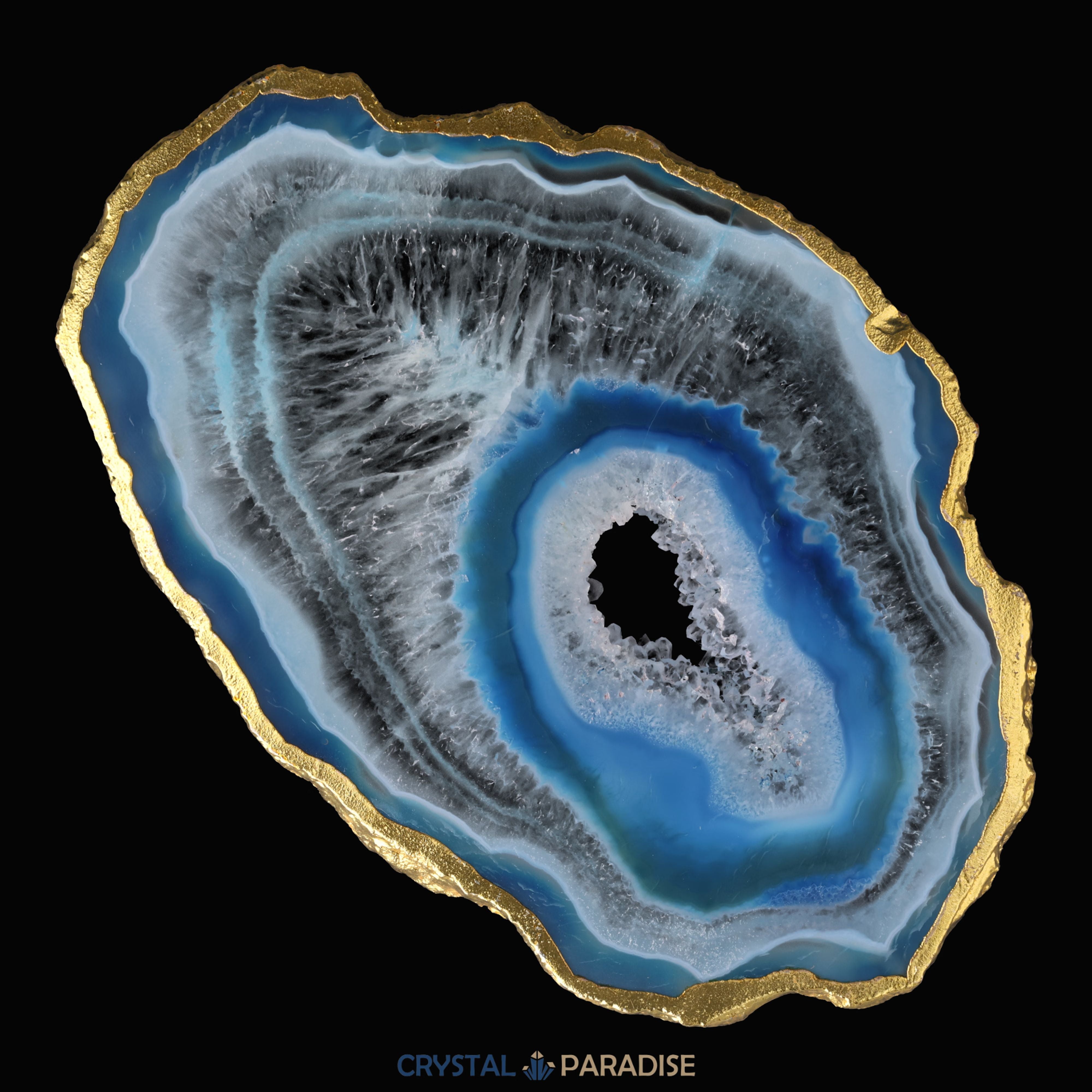 Achatscheibe blau-weiss mit Goldrand und Druzy - ca. 10 cm Durchmesser – Ansicht 6
