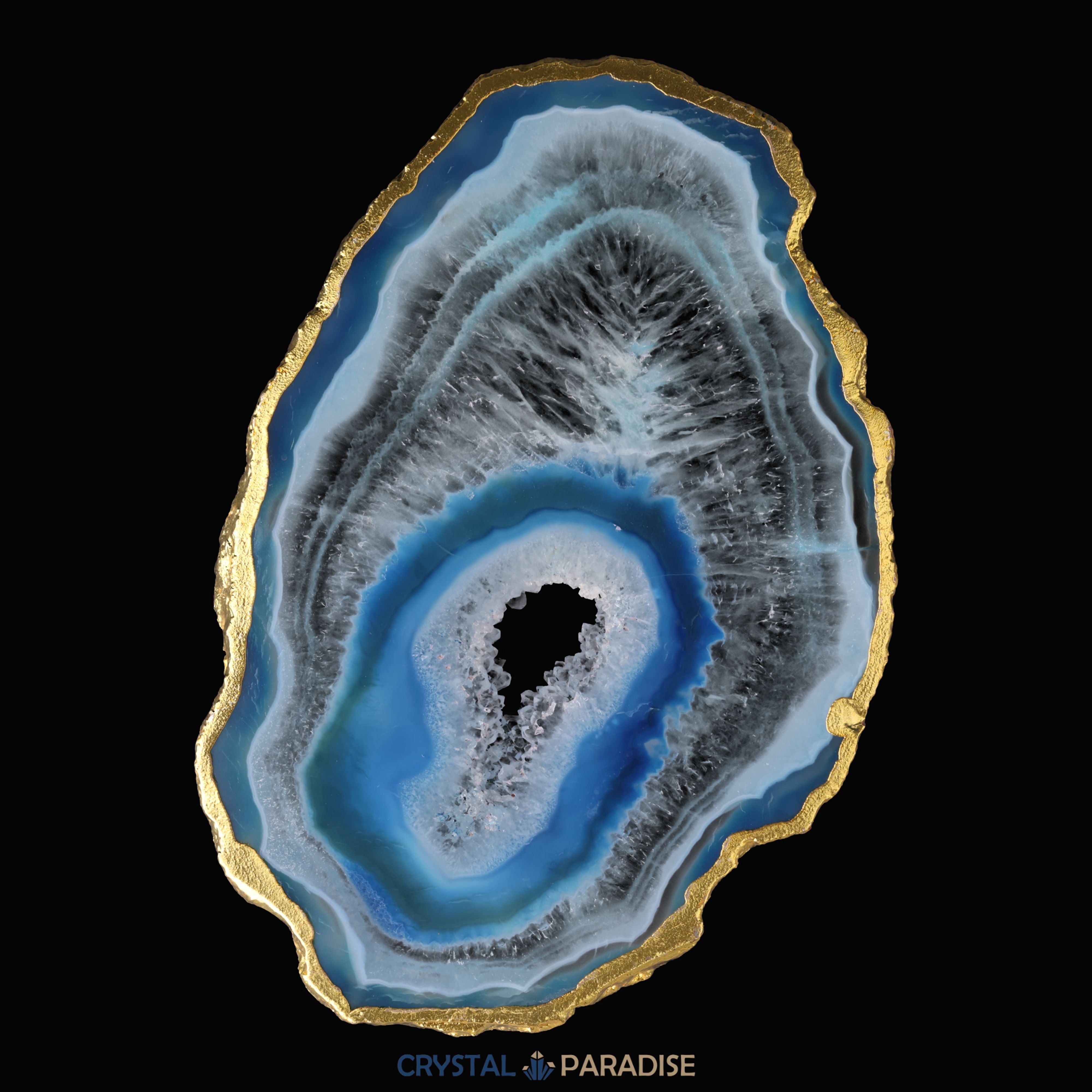 Achatscheibe blau-weiss mit Goldrand und Druzy - ca. 10 cm Durchmesser – Ansicht 7