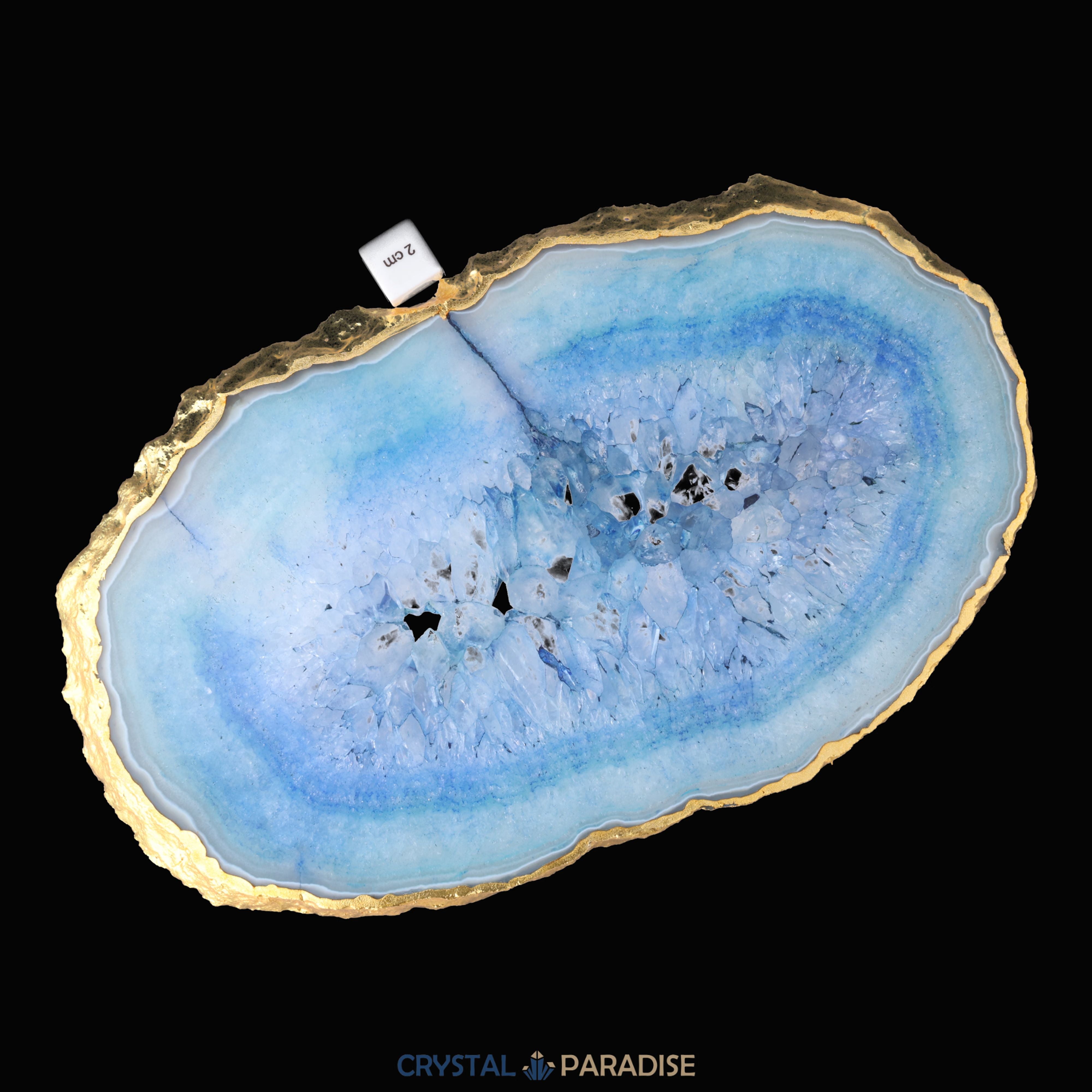 Achatscheibe blau-weiss mit Goldrand und Druzy - ca. 32 cm Durchmesser (1514g) – Ansicht 8