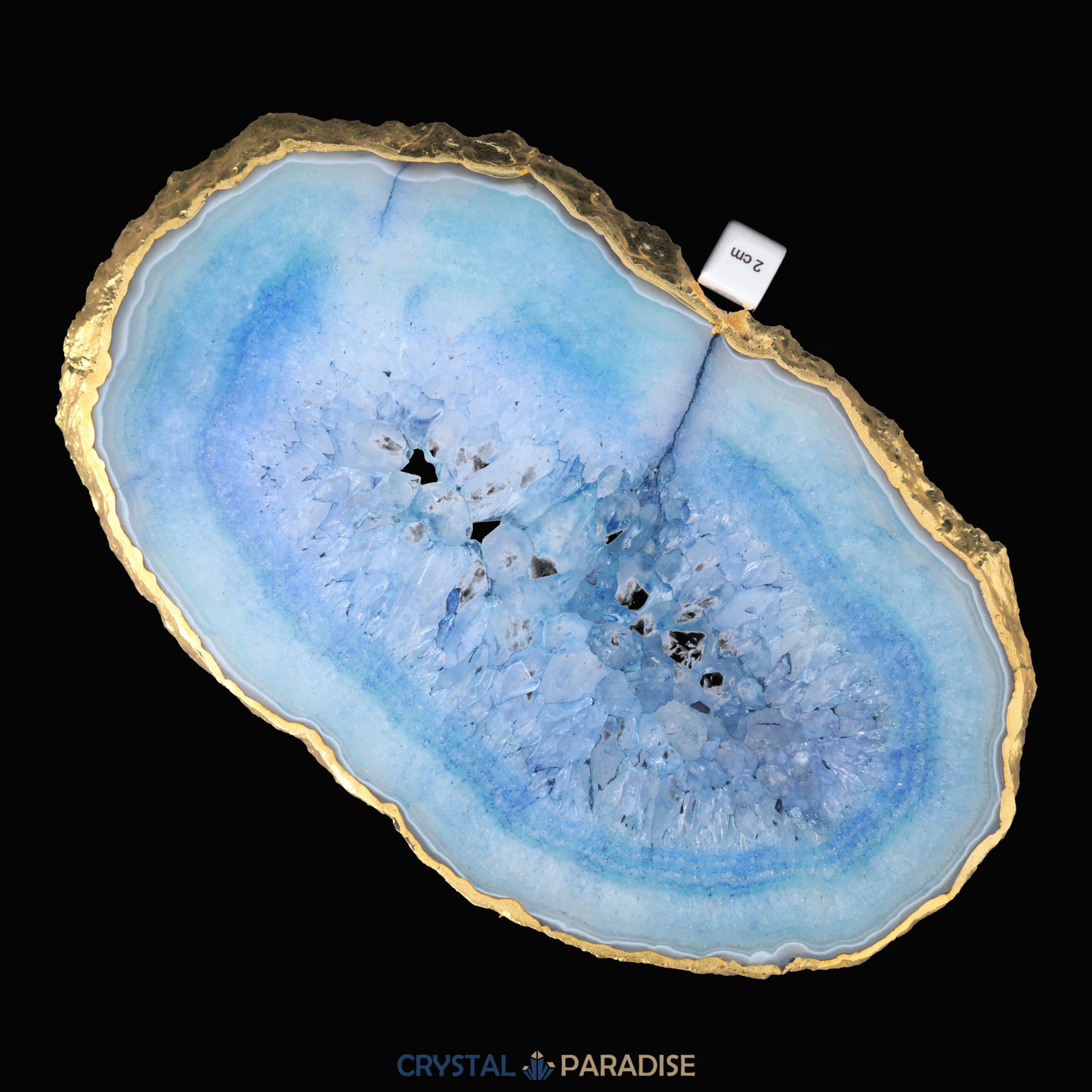 Achatscheibe blau-weiss mit Goldrand und Druzy - ca. 32 cm Durchmesser (1514g) – Ansicht 9