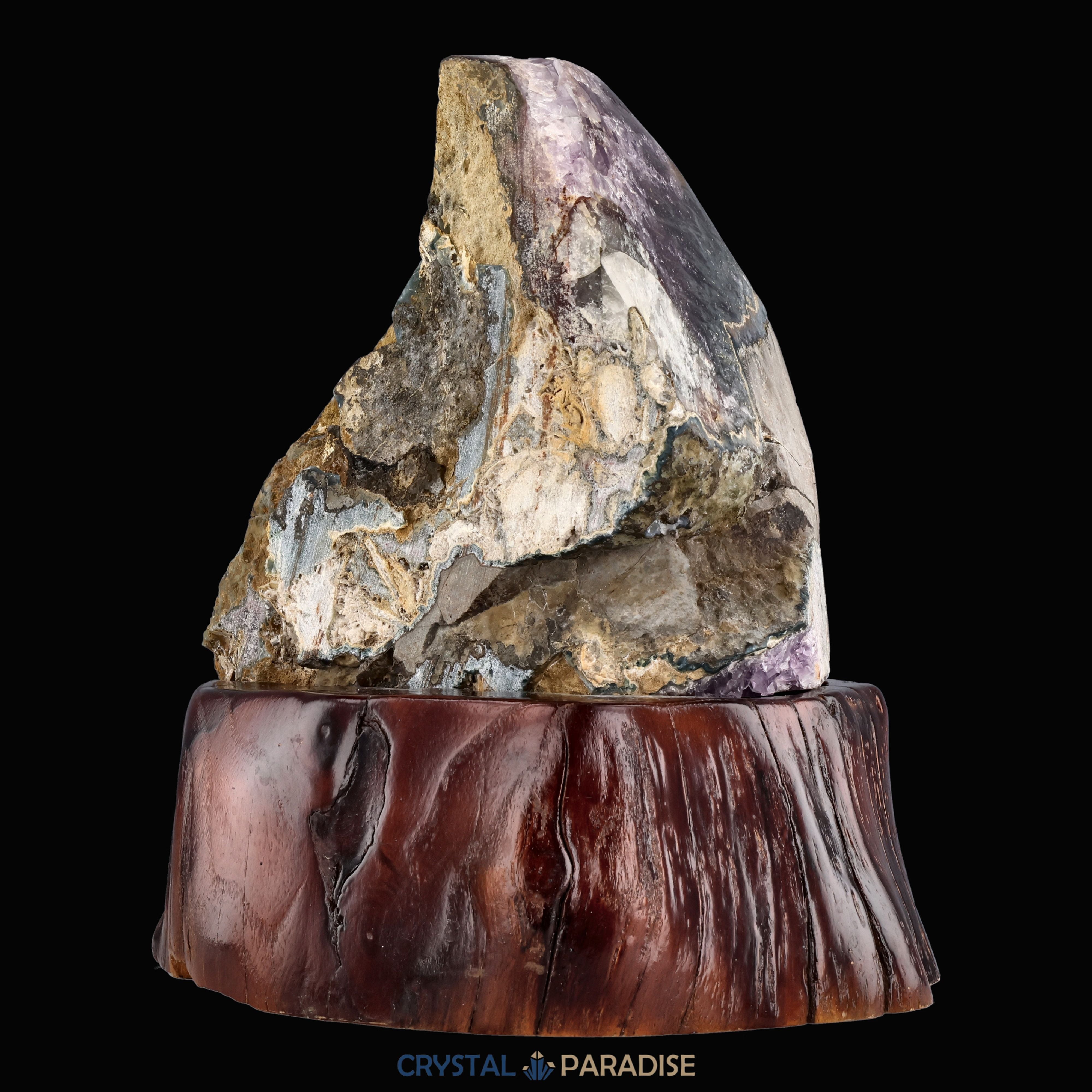 Amethyst Druse mit Calcit auf Holzständer (2531g) – Ansicht 8