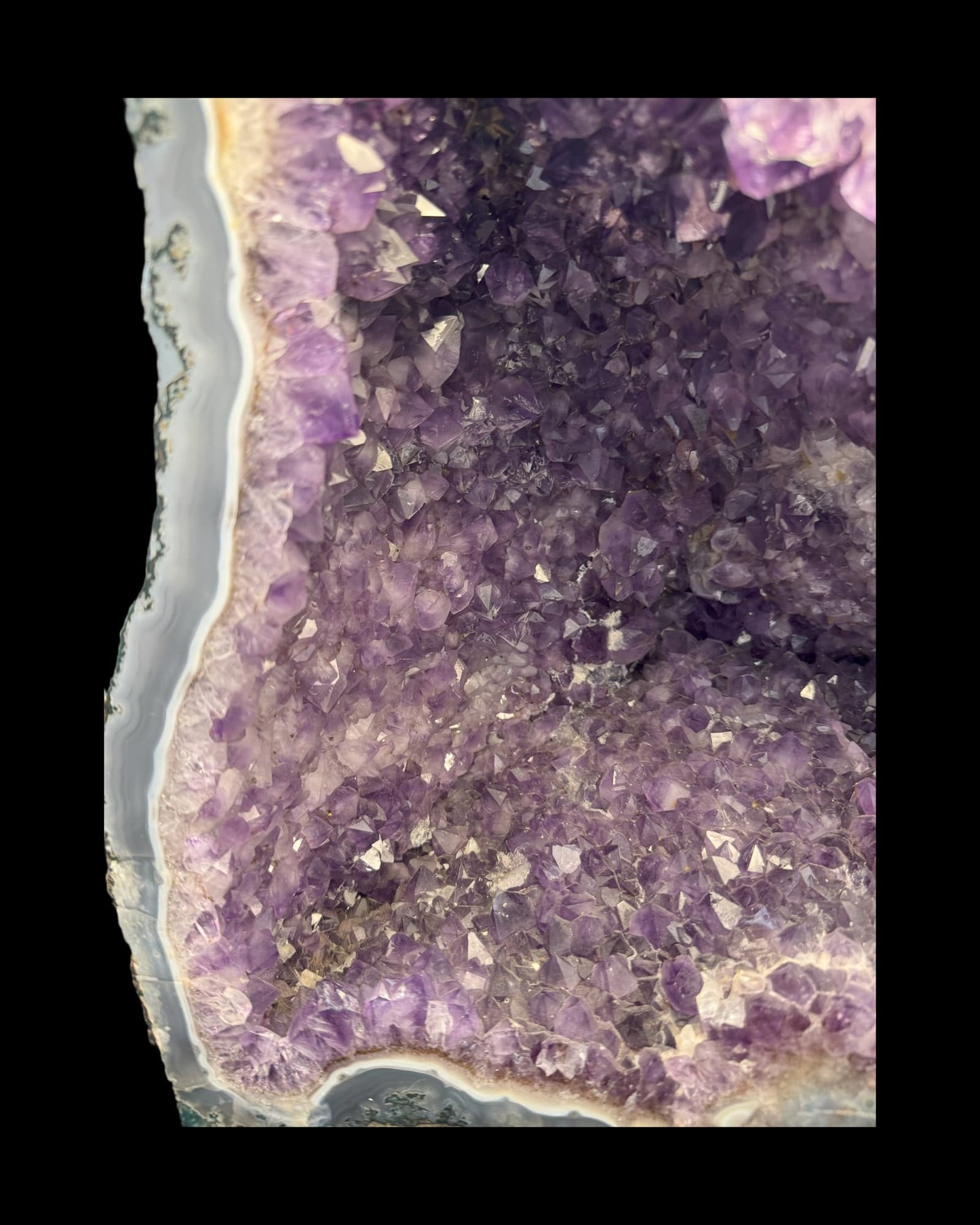 Amethyst XL Geode aus Brasilien (18.8kg) vor schwarzem Hintergrund Nahaufnahme