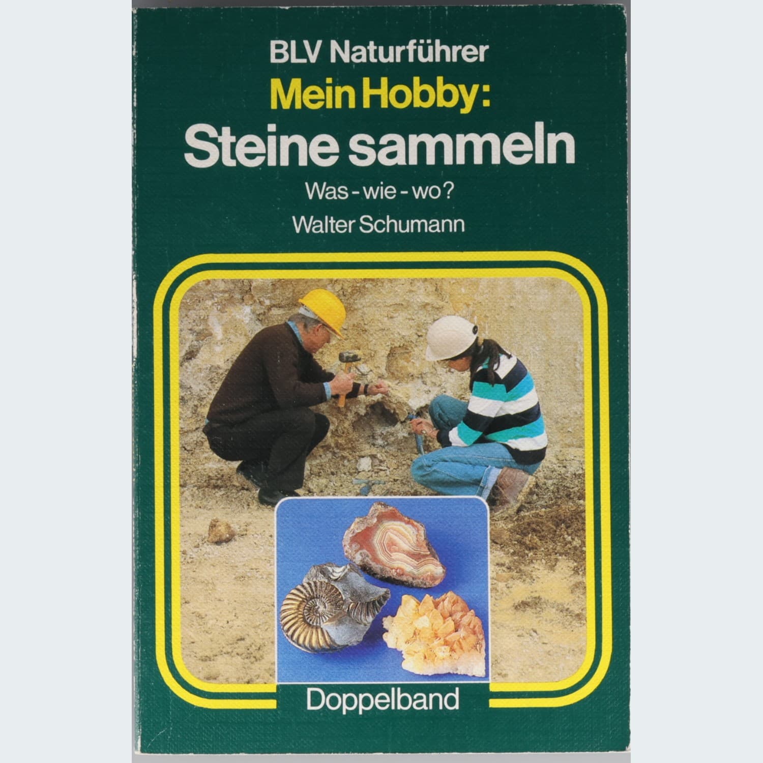 BLV Naturführer Mein Hobby: Steine sammeln von Walter Schumann – Vorderseite mit Sammlern am Aufschluss, Achat, Ammonit und Calcit