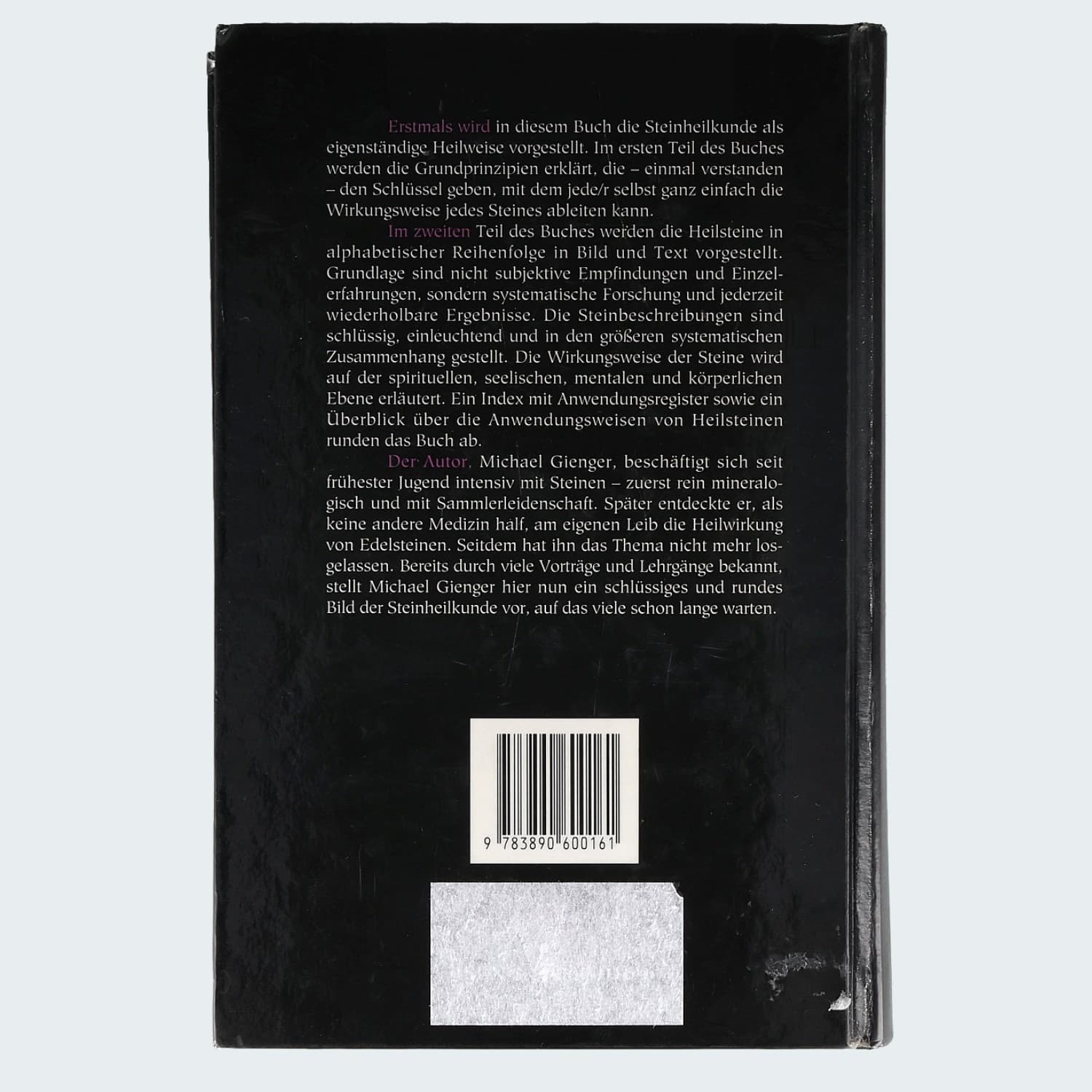 Die Steinheilkunde – Ein Handbuch – Rückseite mit Klappentext, Barcode und Aufkleberrest