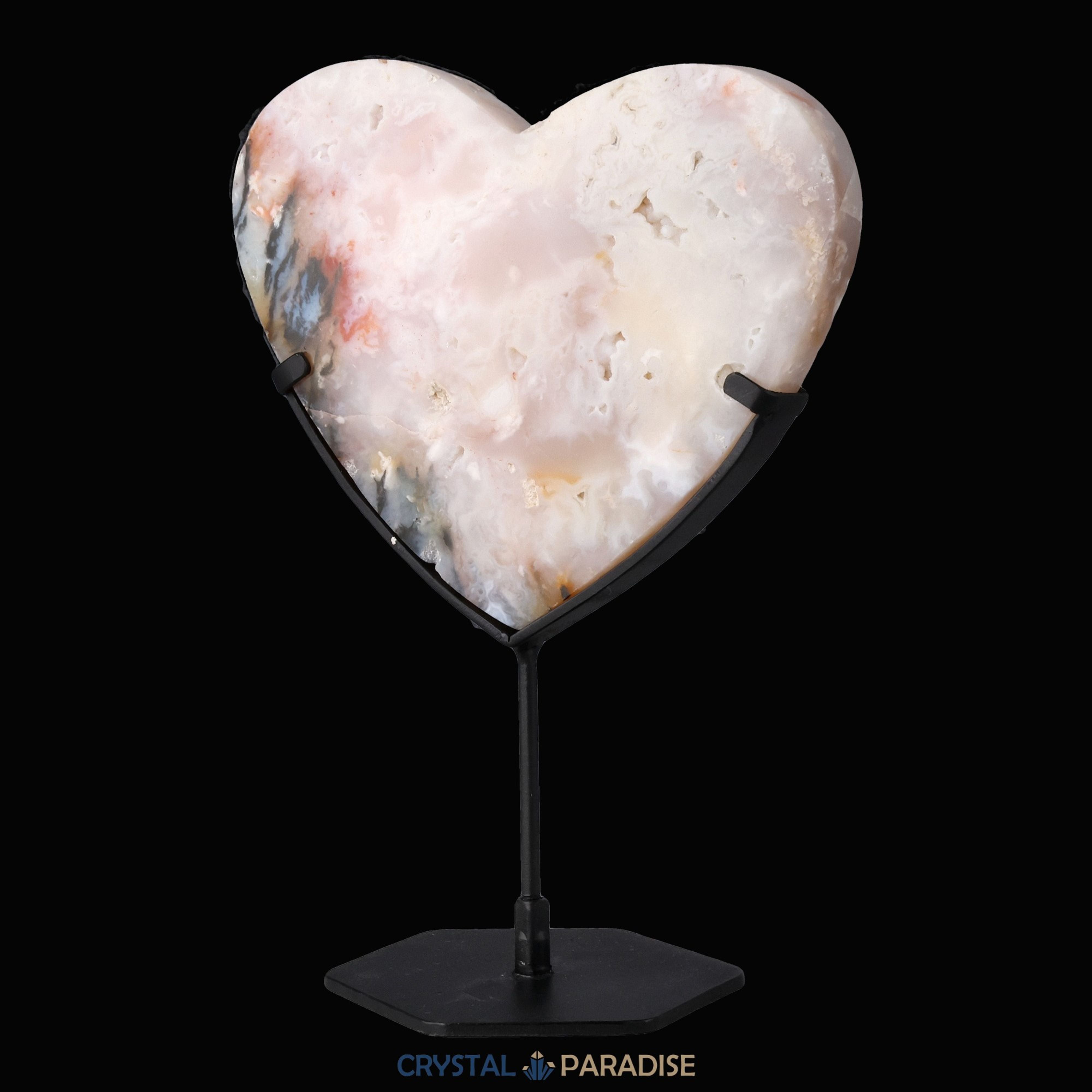Herz auf schwarzem Standfuss aus Pink Plume Achat – Ansicht 5
