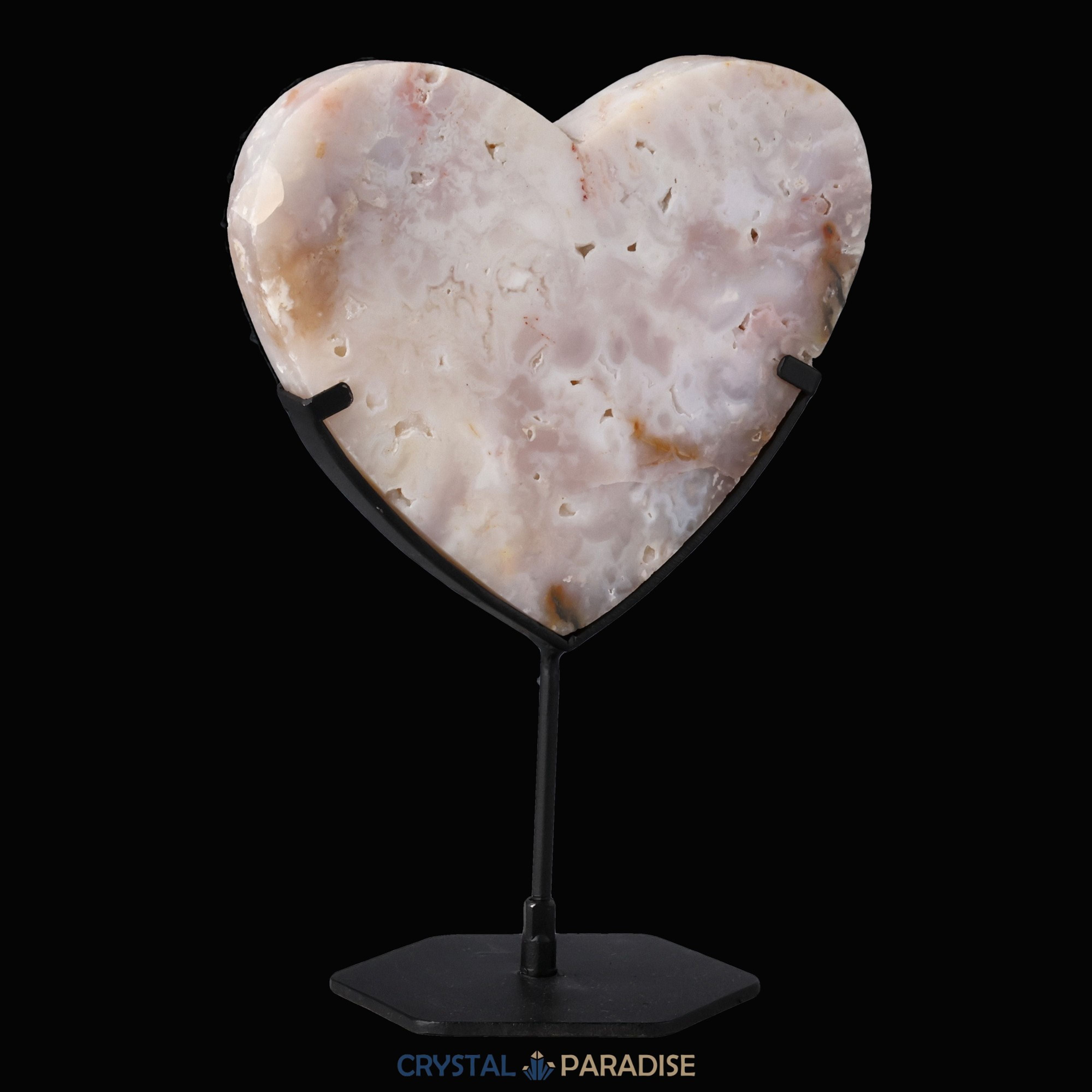 Herz auf schwarzem Standfuss aus Pink Plume Achat – Ansicht 8