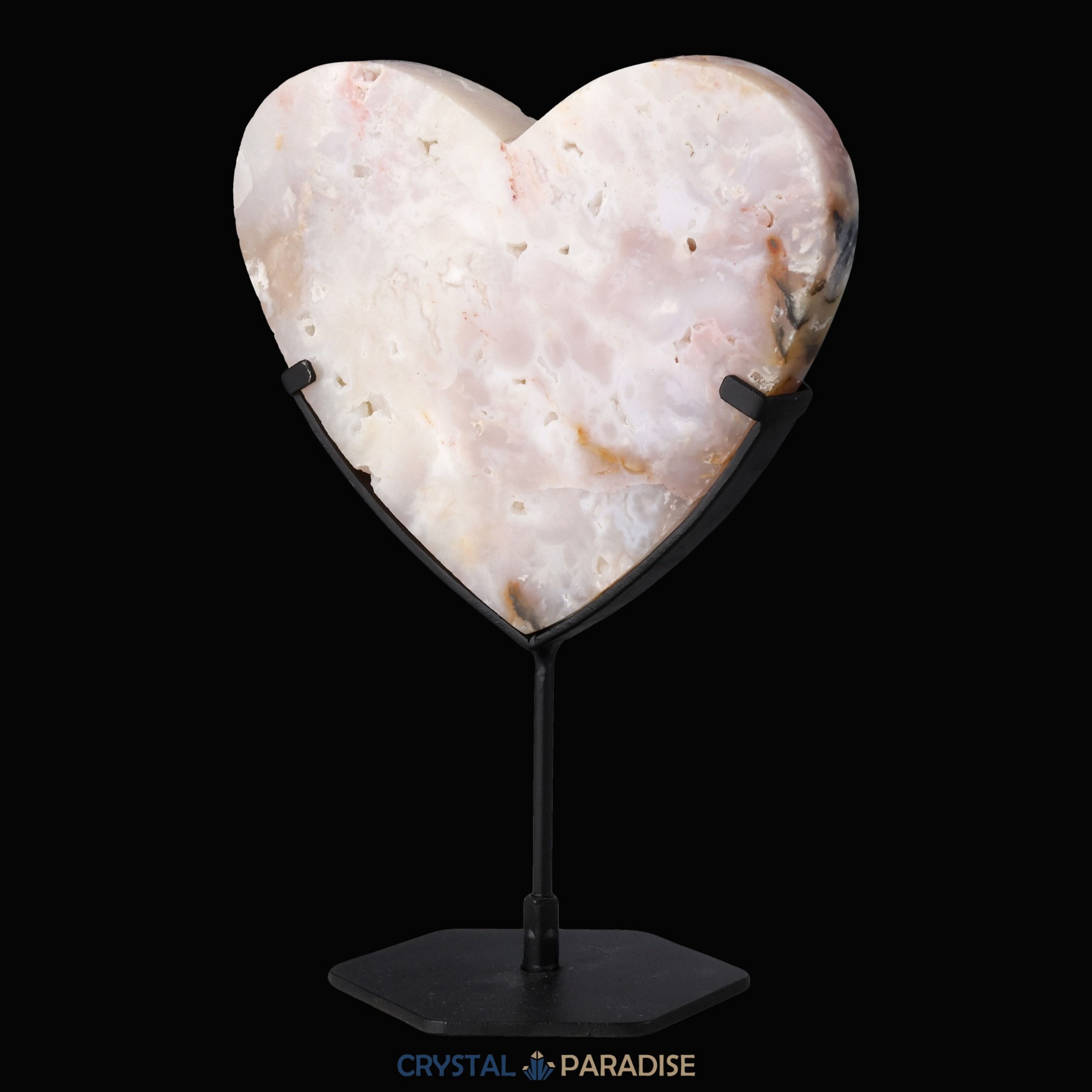 Herz auf schwarzem Standfuss aus Pink Plume Achat – Ansicht 9