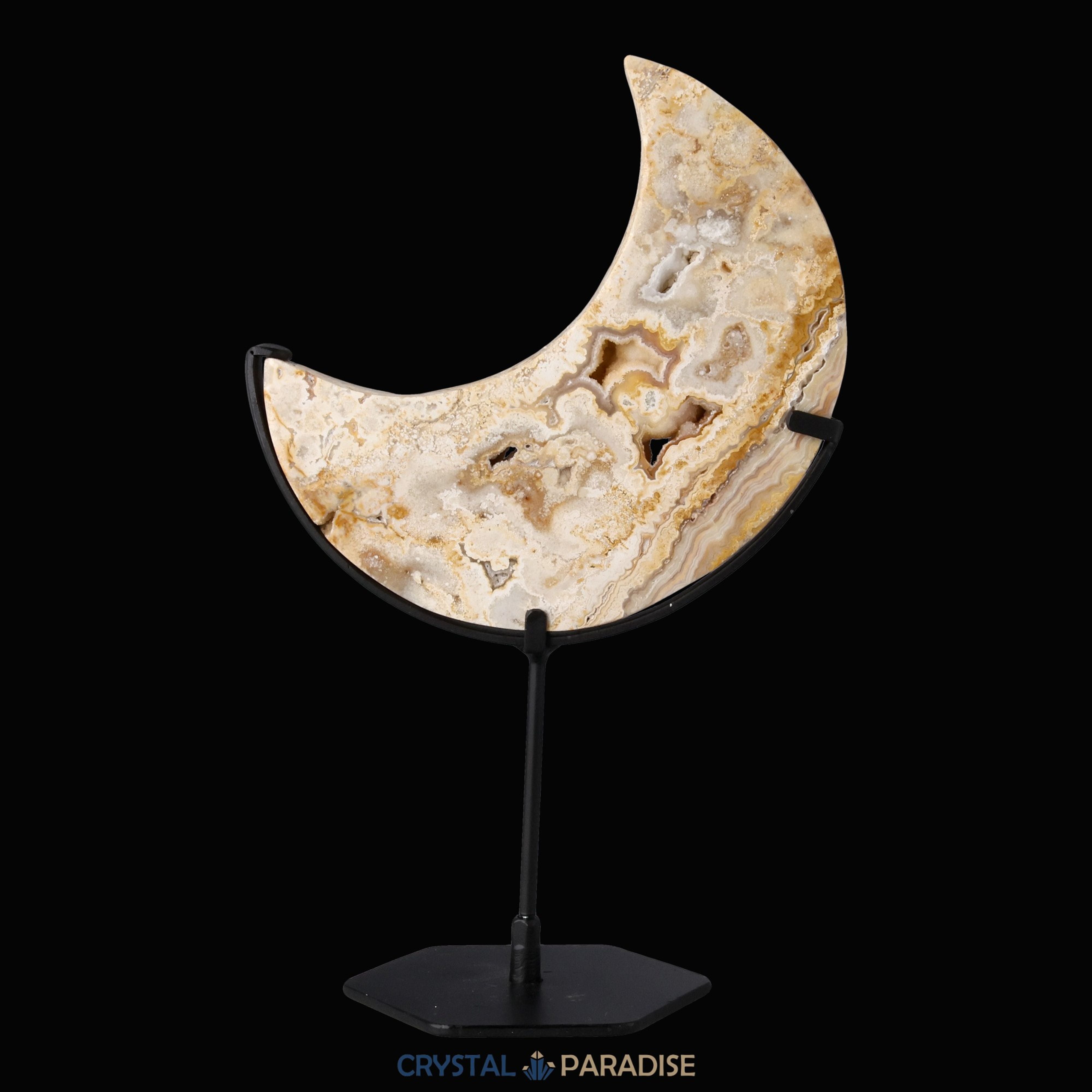 Mond auf schwarzem Standfuss aus mattem Golden Crazy Laze Achat – Ansicht 4