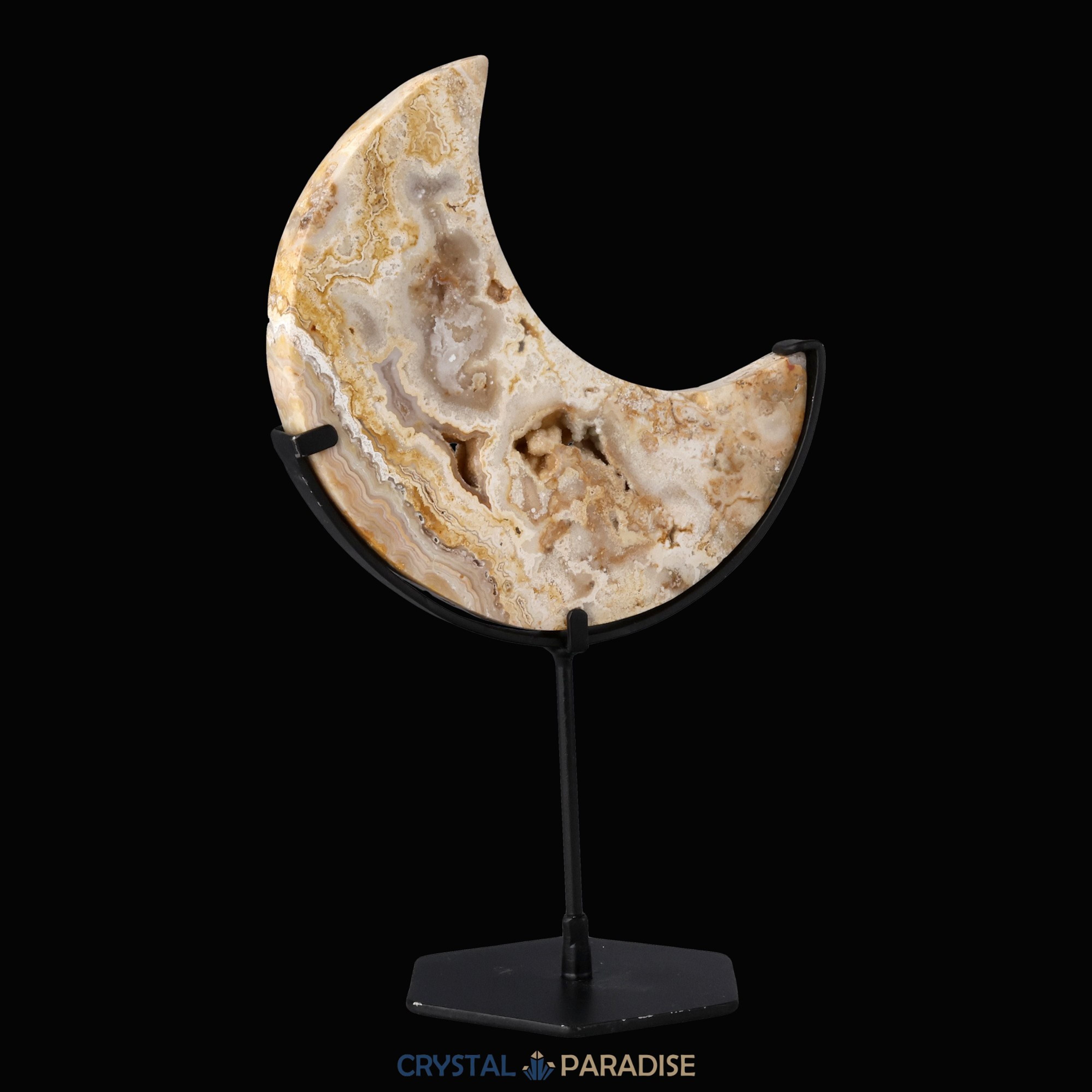 Mond auf schwarzem Standfuss aus mattem Golden Crazy Laze Achat – Ansicht 7