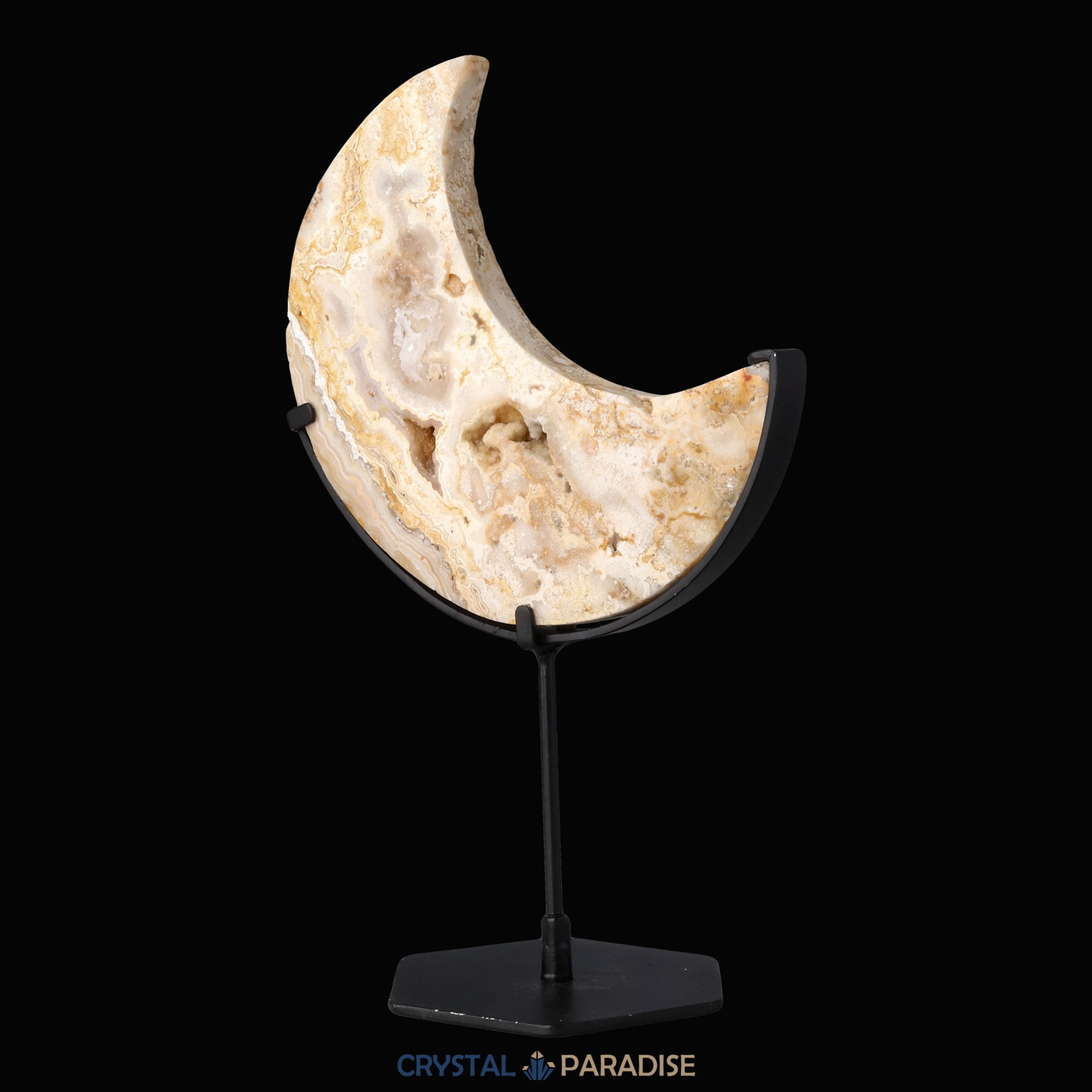 Mond auf schwarzem Standfuss aus mattem Golden Crazy Laze Achat – Ansicht 8