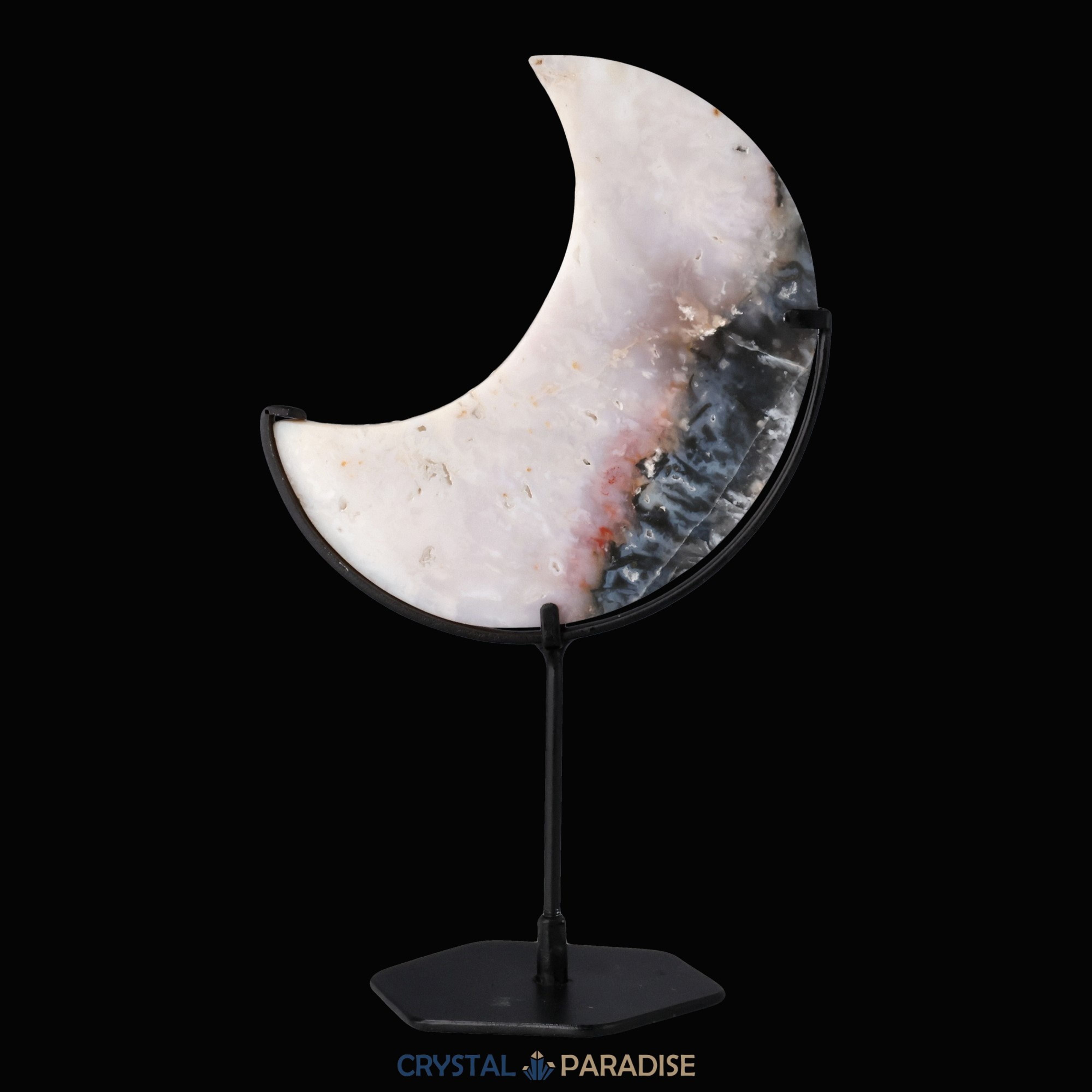 Mond auf schwarzem Standfuss aus mattem Pink Plume Achat – Ansicht 4