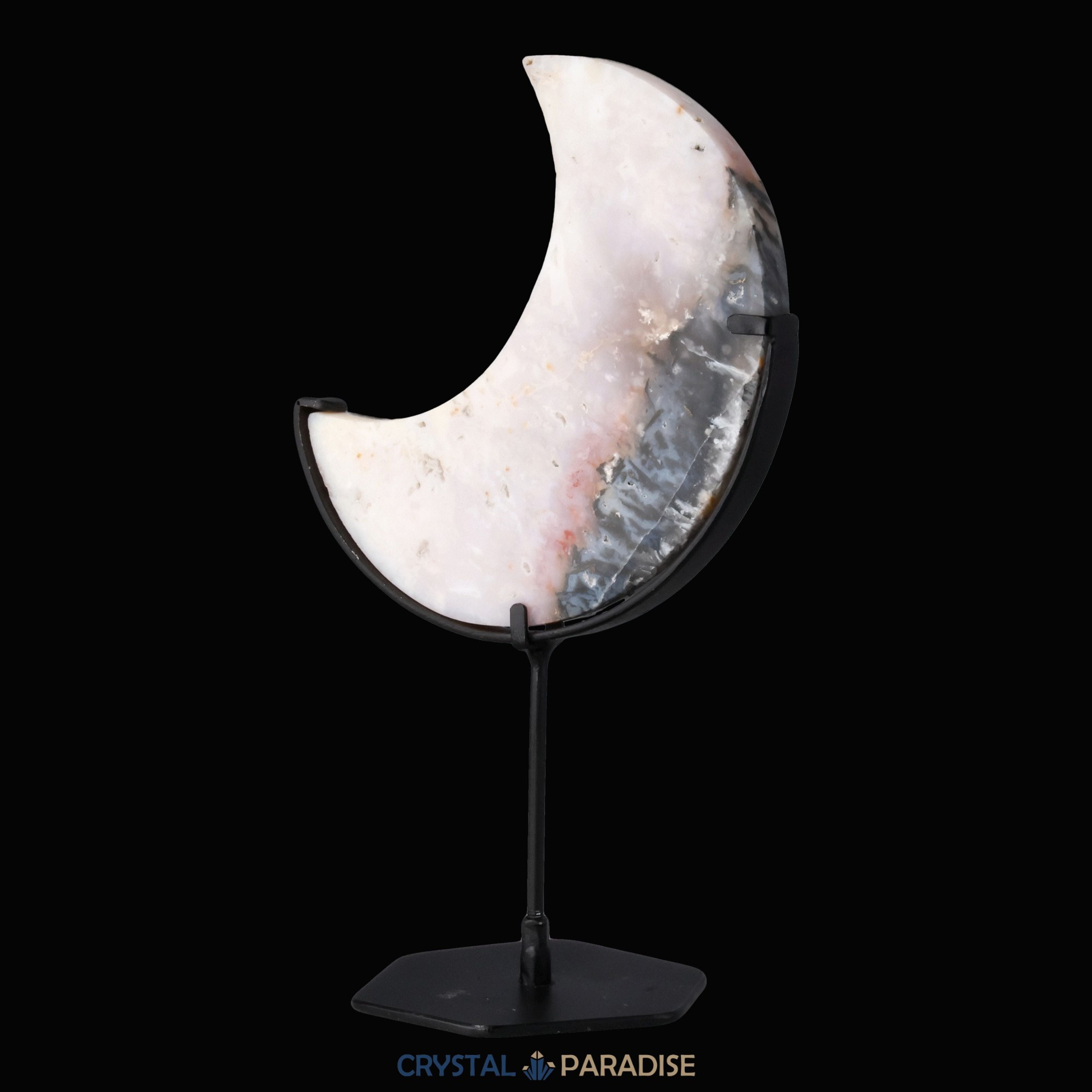 Mond auf schwarzem Standfuss aus mattem Pink Plume Achat – Ansicht 5