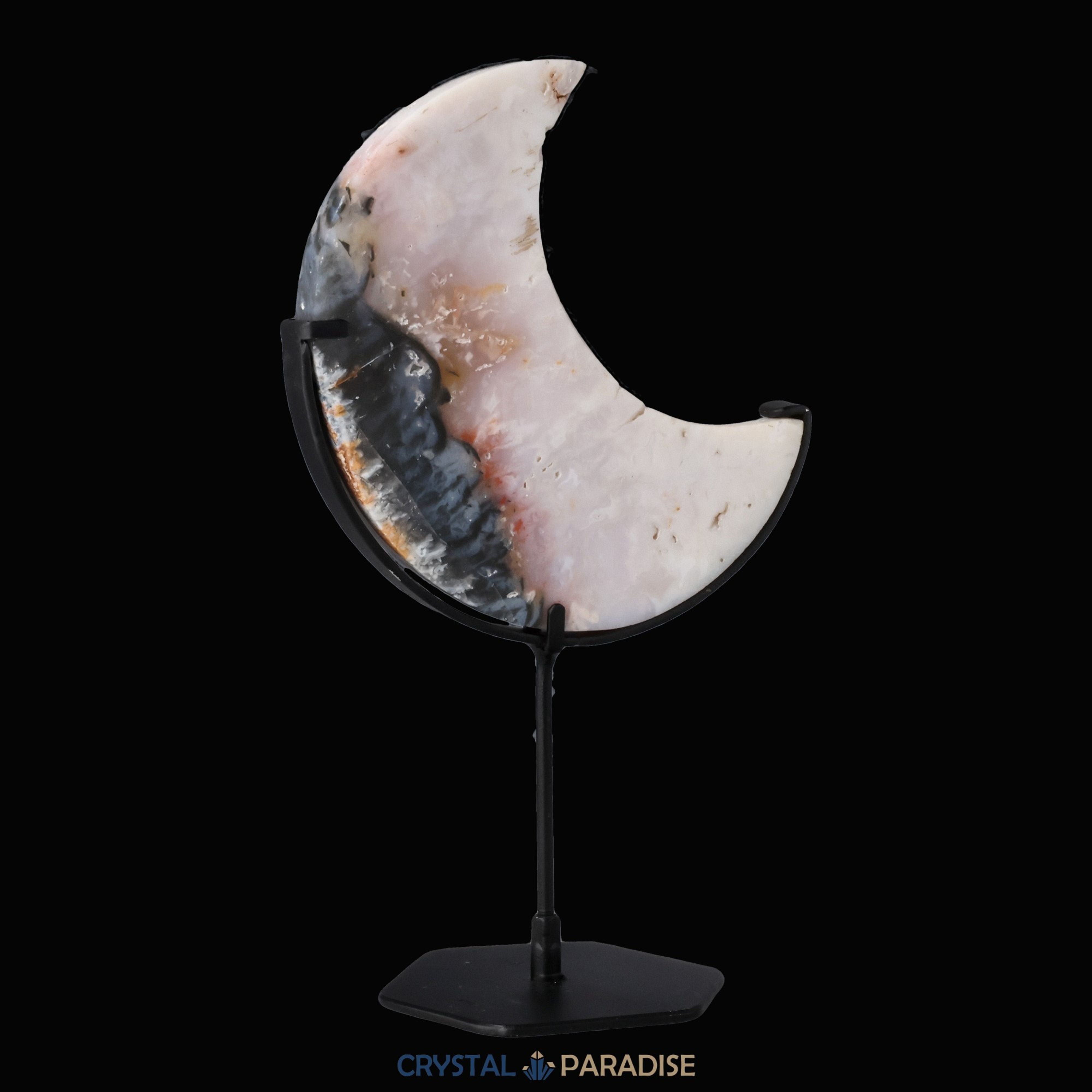 Mond auf schwarzem Standfuss aus mattem Pink Plume Achat – Ansicht 7