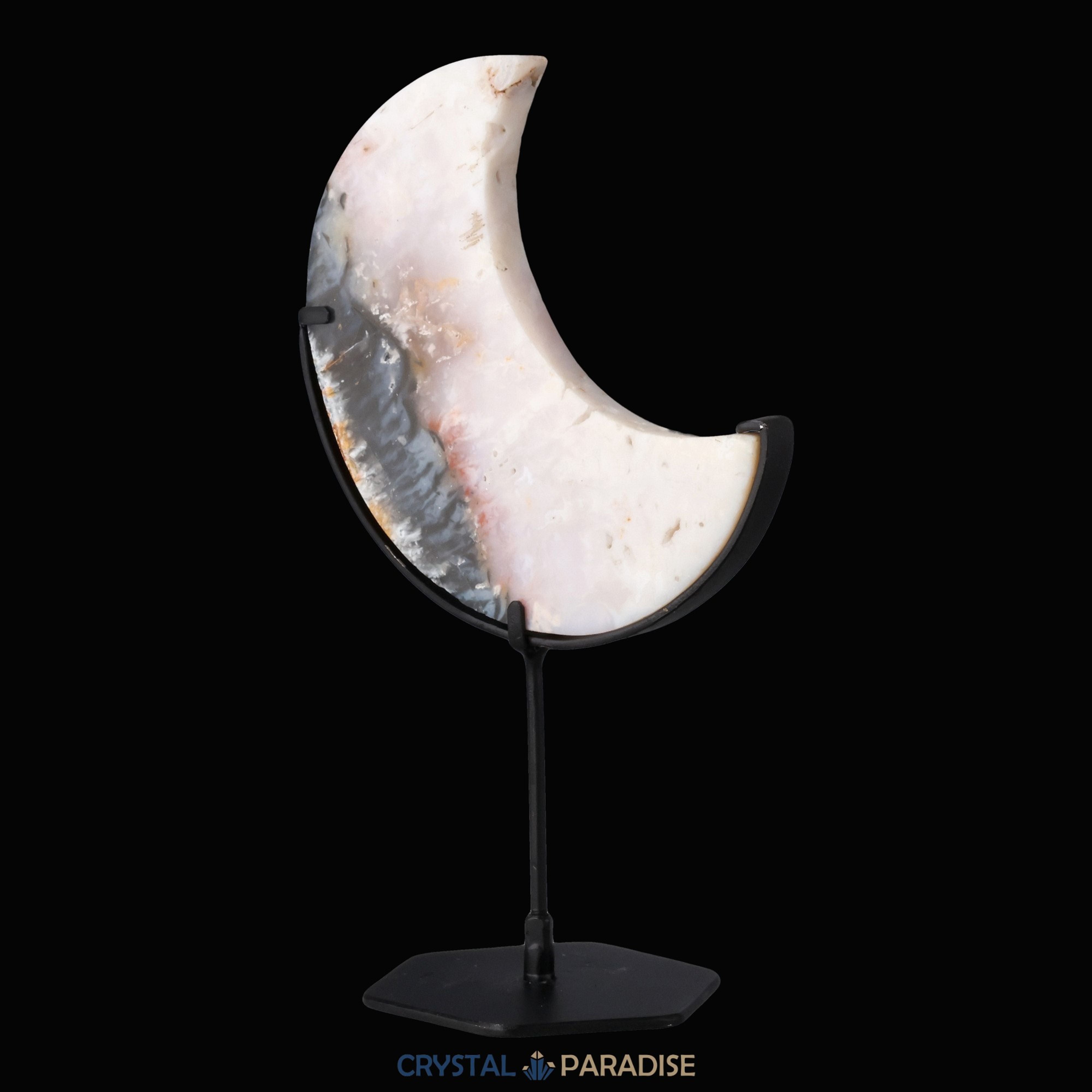 Mond auf schwarzem Standfuss aus mattem Pink Plume Achat – Ansicht 8