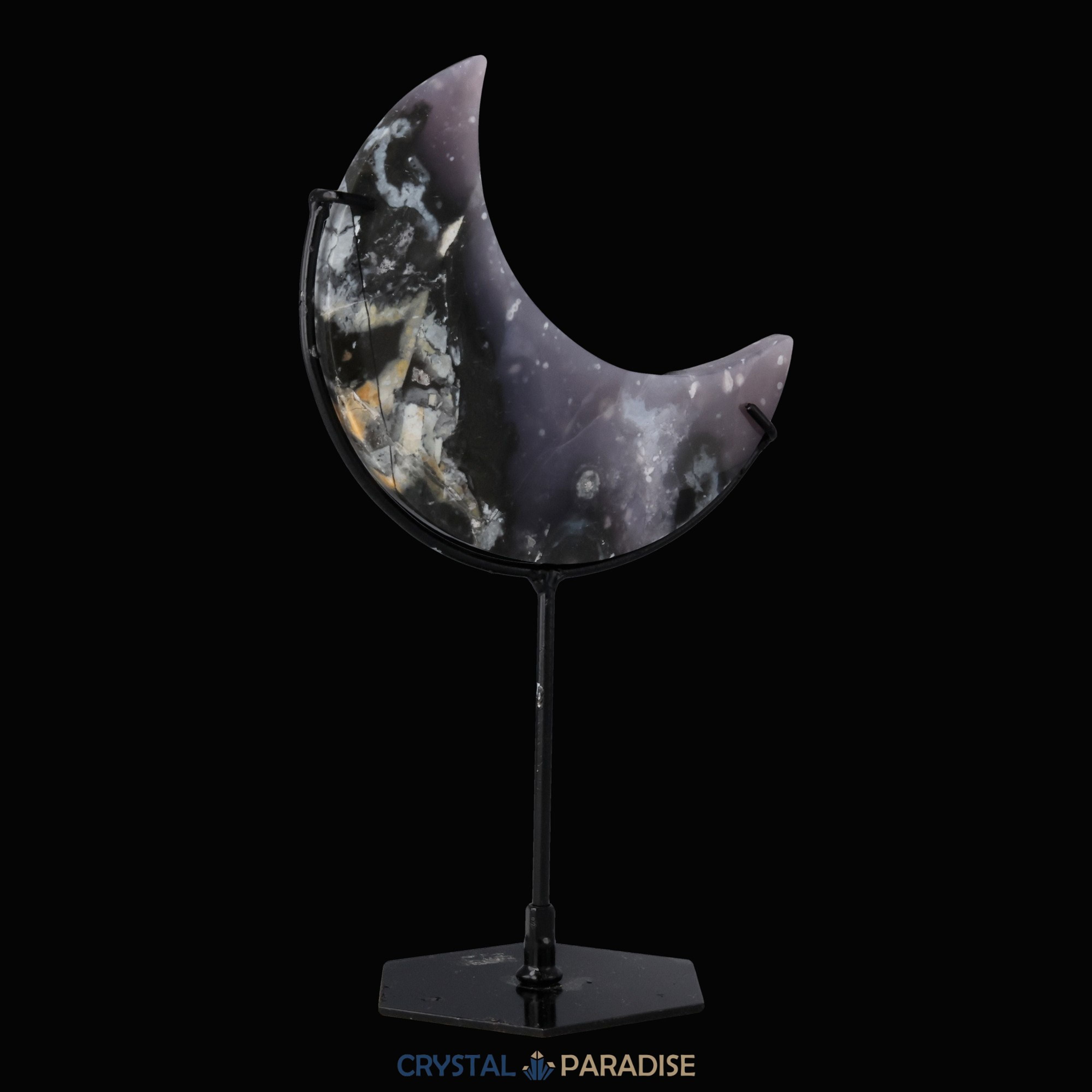 Mond auf schwarzem Standfuss aus poliertem Pink Plume Achat – Ansicht 7
