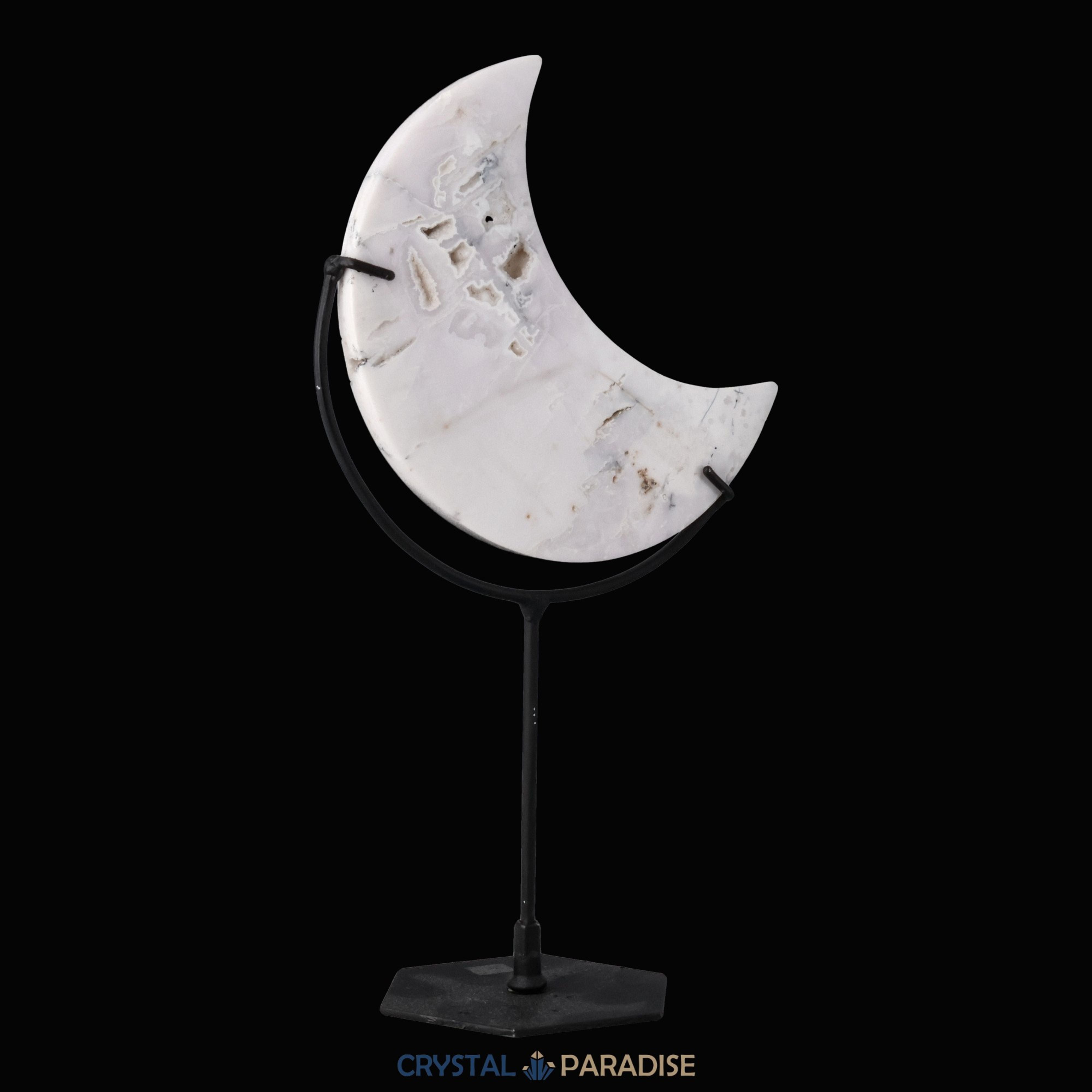 Mond auf schwarzem Standfuss aus poliertem Schnee Achat – Ansicht 5
