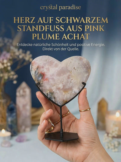 Herz auf schwarzem Standfuss aus Pink Plume Achat