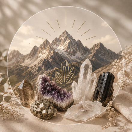Amethystdruse, Bergkristall und Turmalin vor einem Bergmotiv