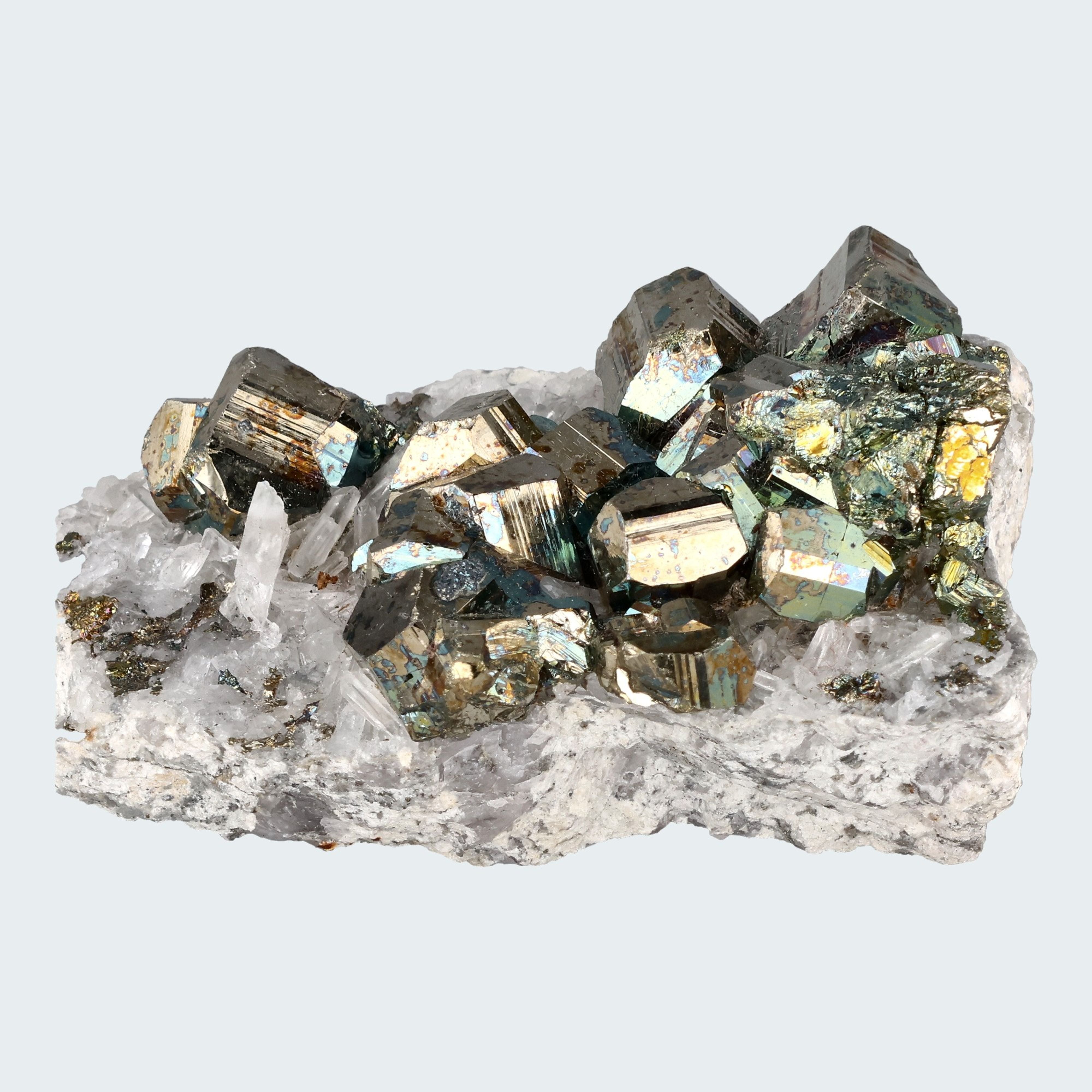 Regenbogen Pyrit an Bergkristall aus Indonesien (151g) - crystal paradise