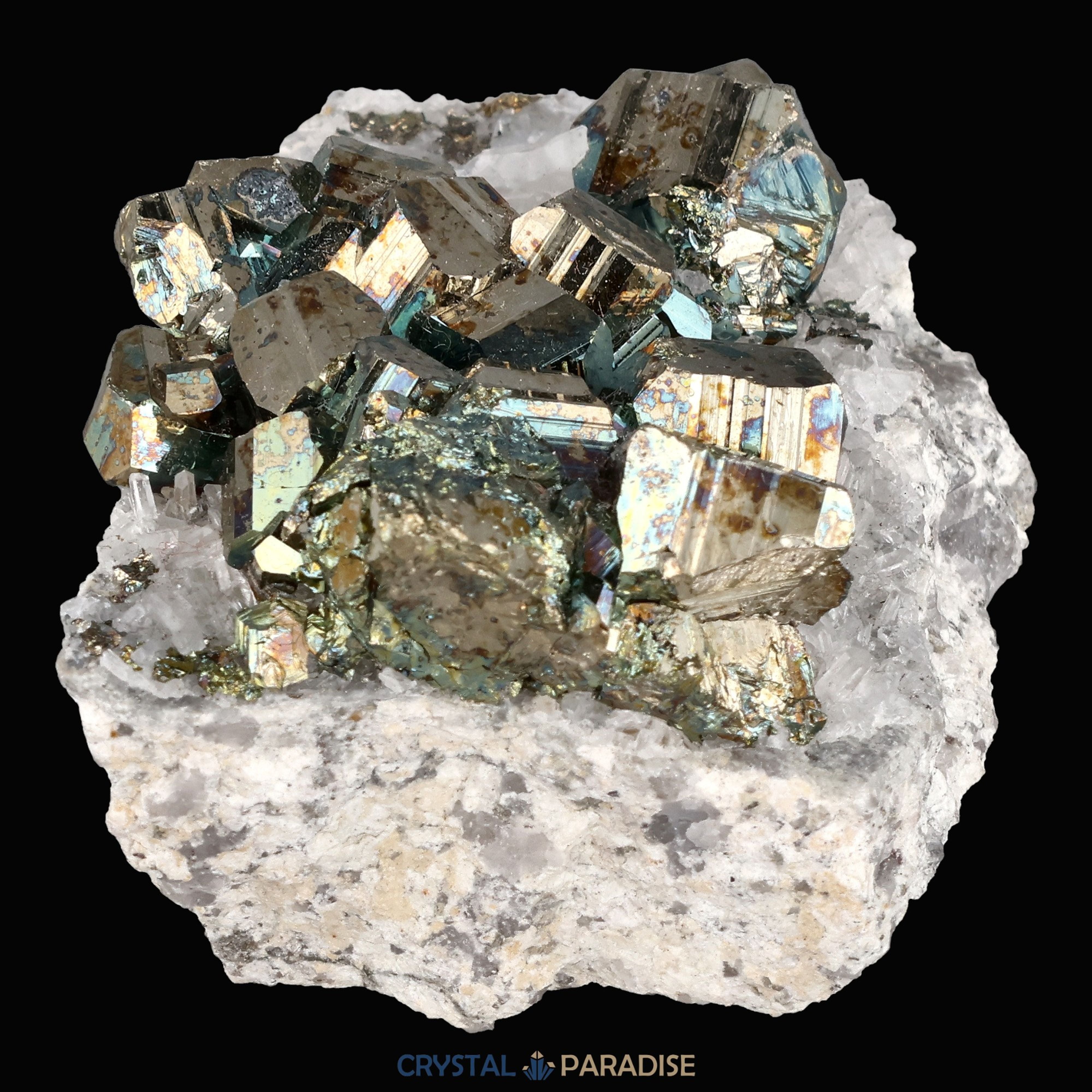 Regenbogen Pyrit an Bergkristall aus Indonesien (151g) - crystal paradise