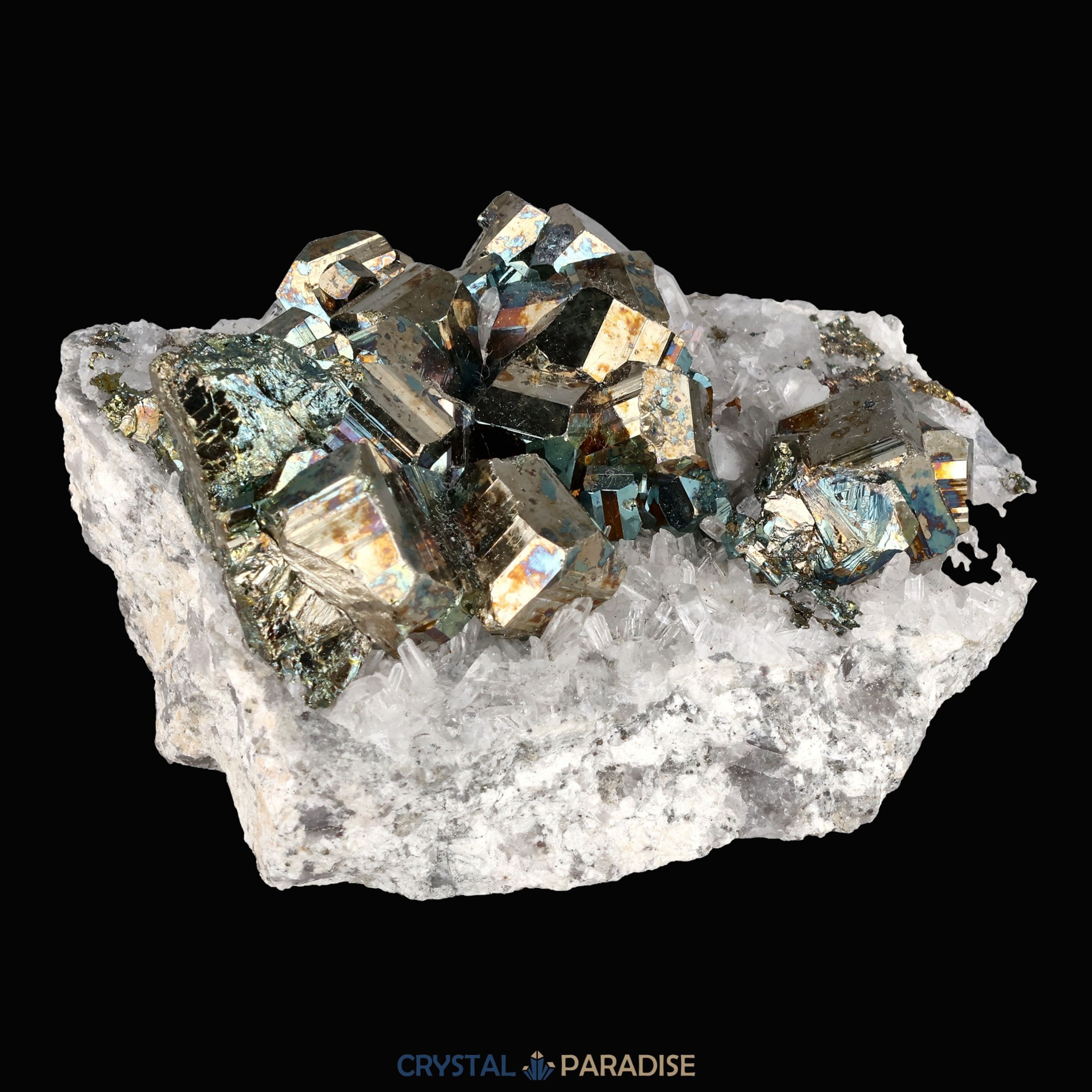 Regenbogen Pyrit an Bergkristall aus Indonesien (151g) - crystal paradise