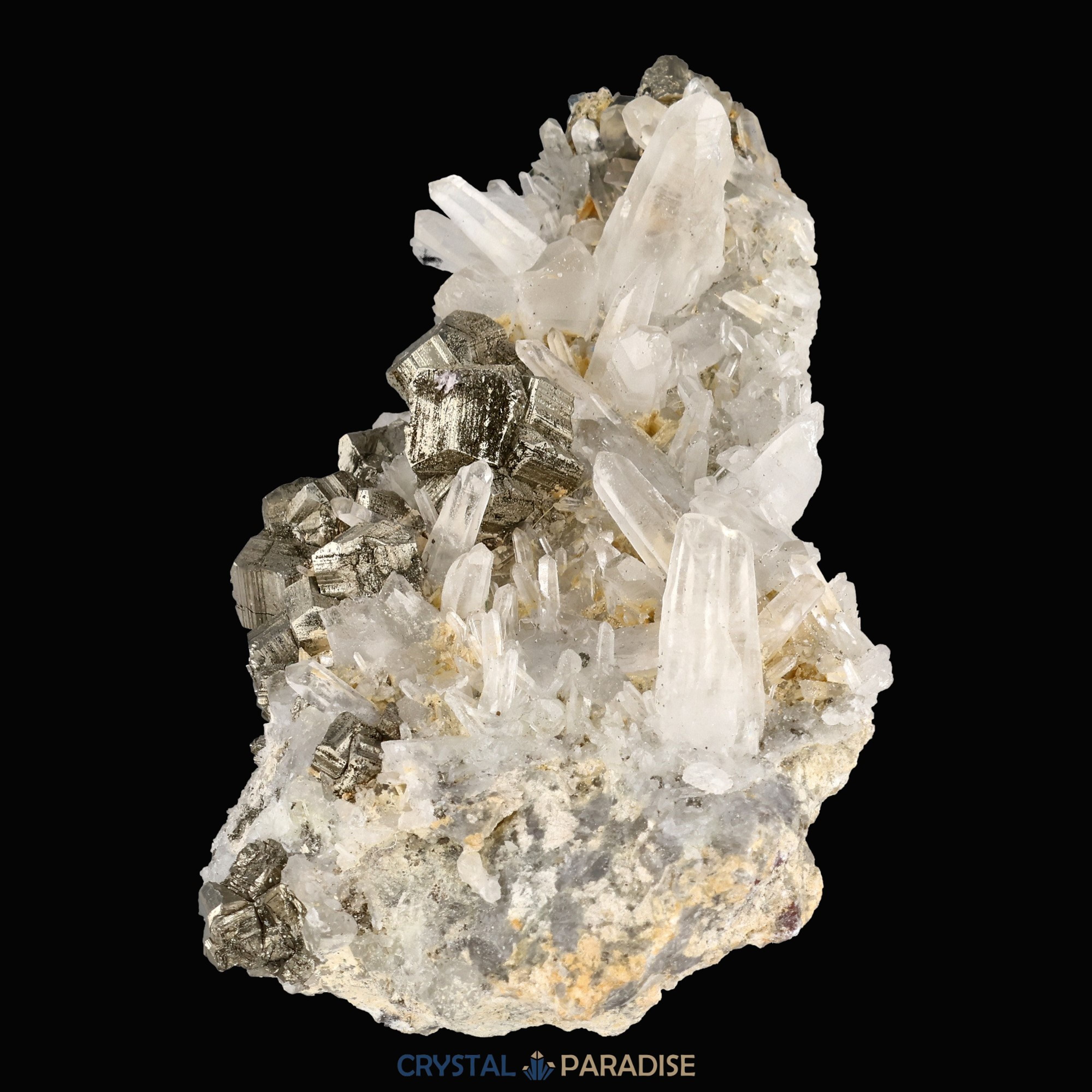 Pyrit an Bergkristall aus Indonesien (372g) - Handstufe - Schöne große Kristalle - crystal paradise