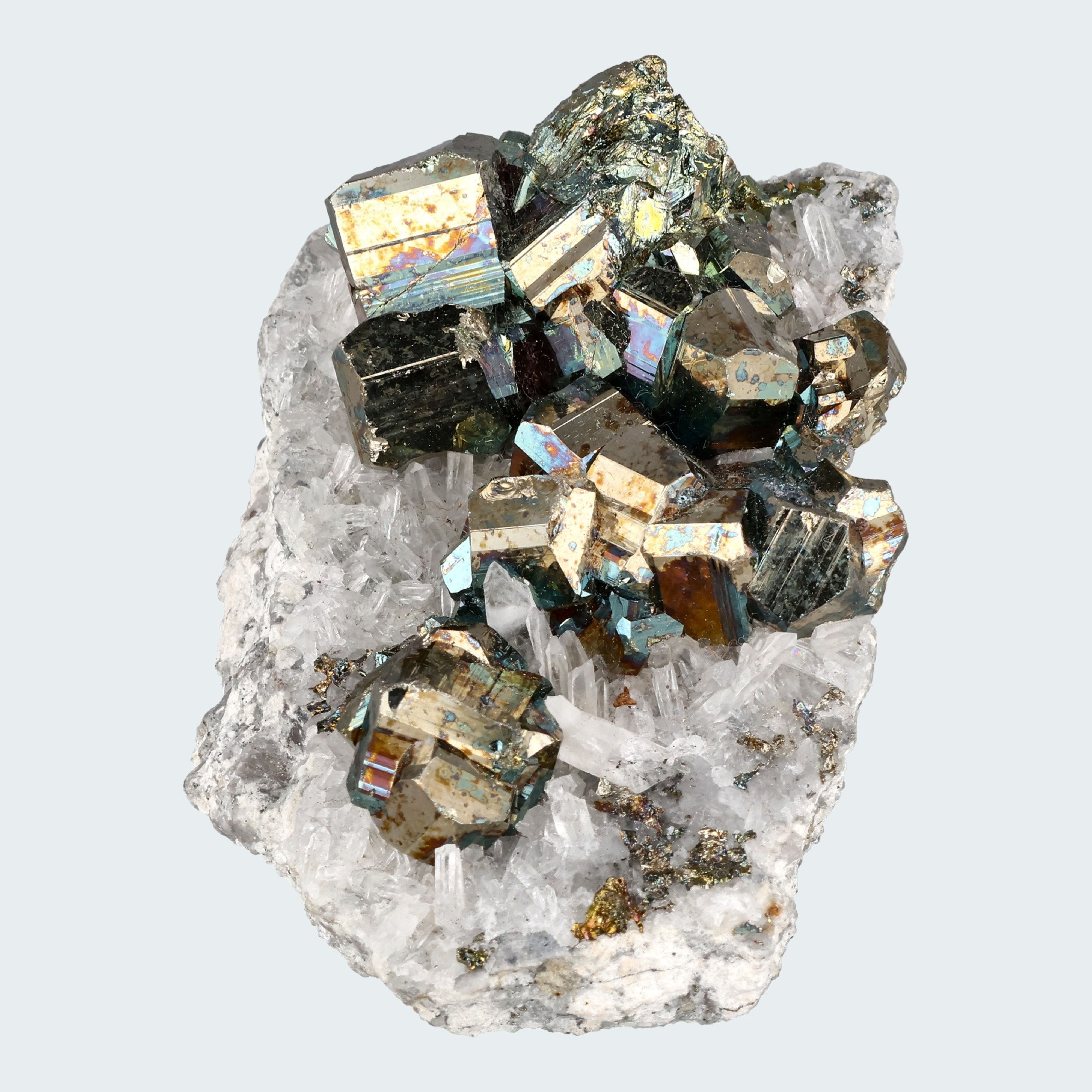 Regenbogen Pyrit an Bergkristall aus Indonesien (151g) - crystal paradise