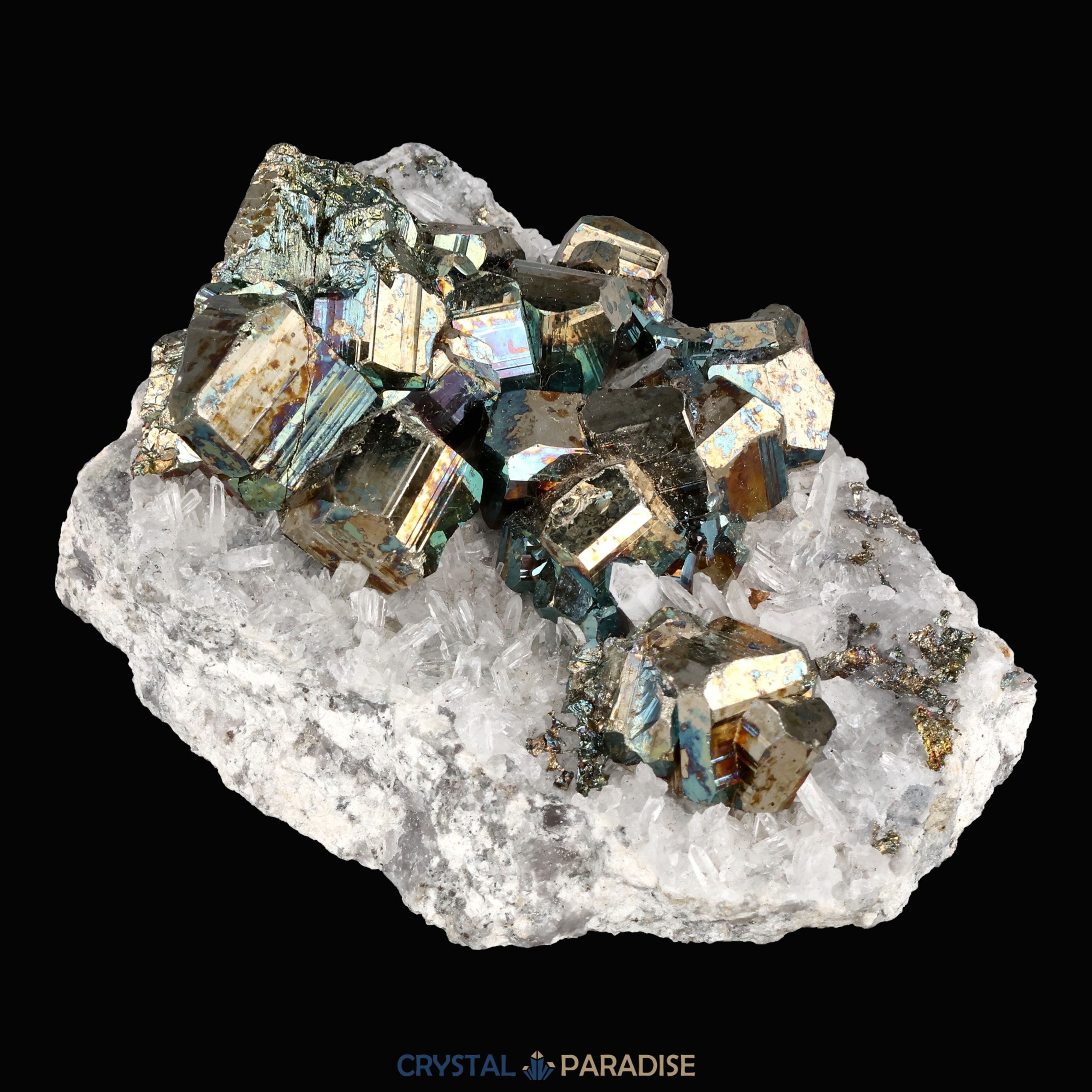 Regenbogen Pyrit an Bergkristall aus Indonesien (151g) - crystal paradise