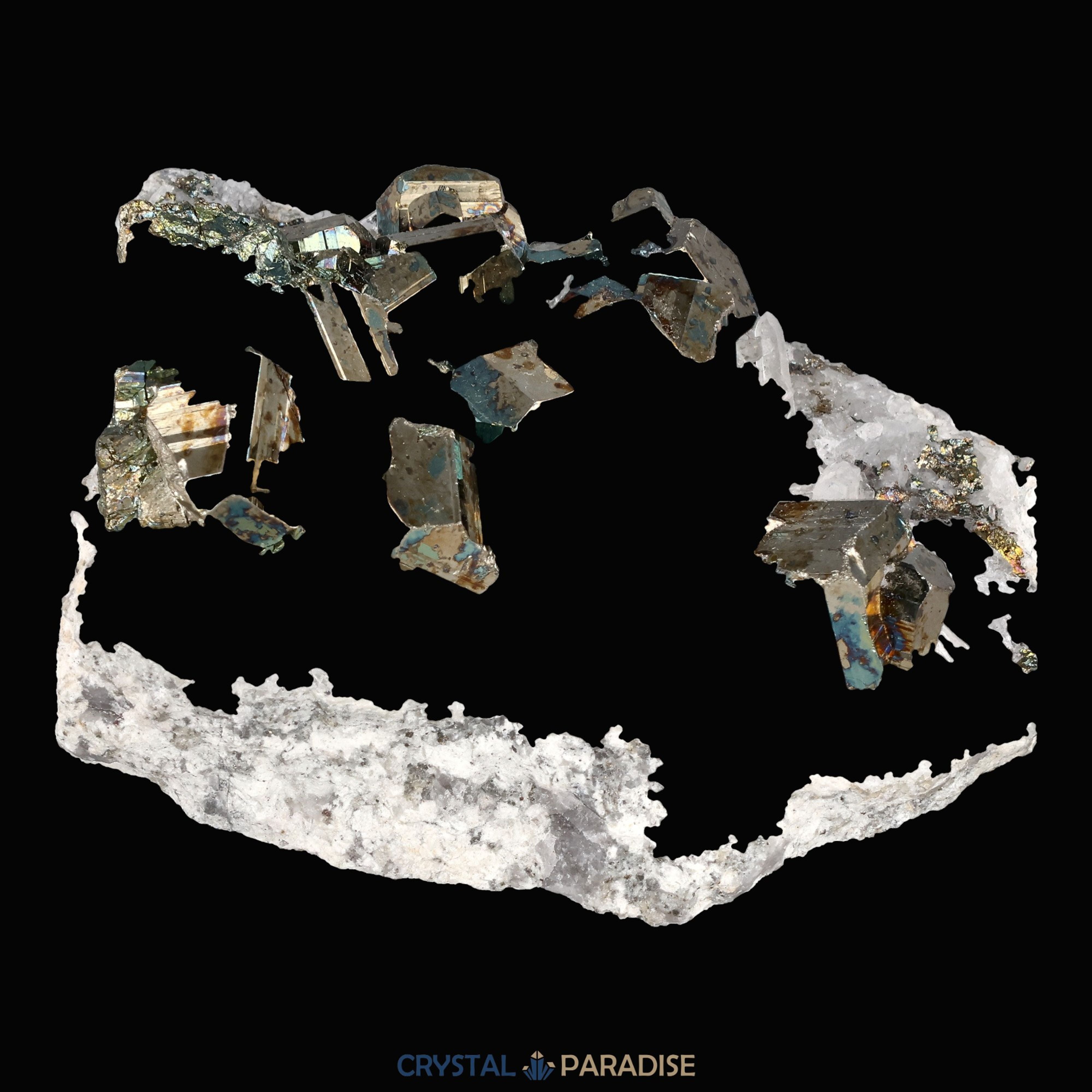 Regenbogen Pyrit an Bergkristall aus Indonesien (151g) - crystal paradise