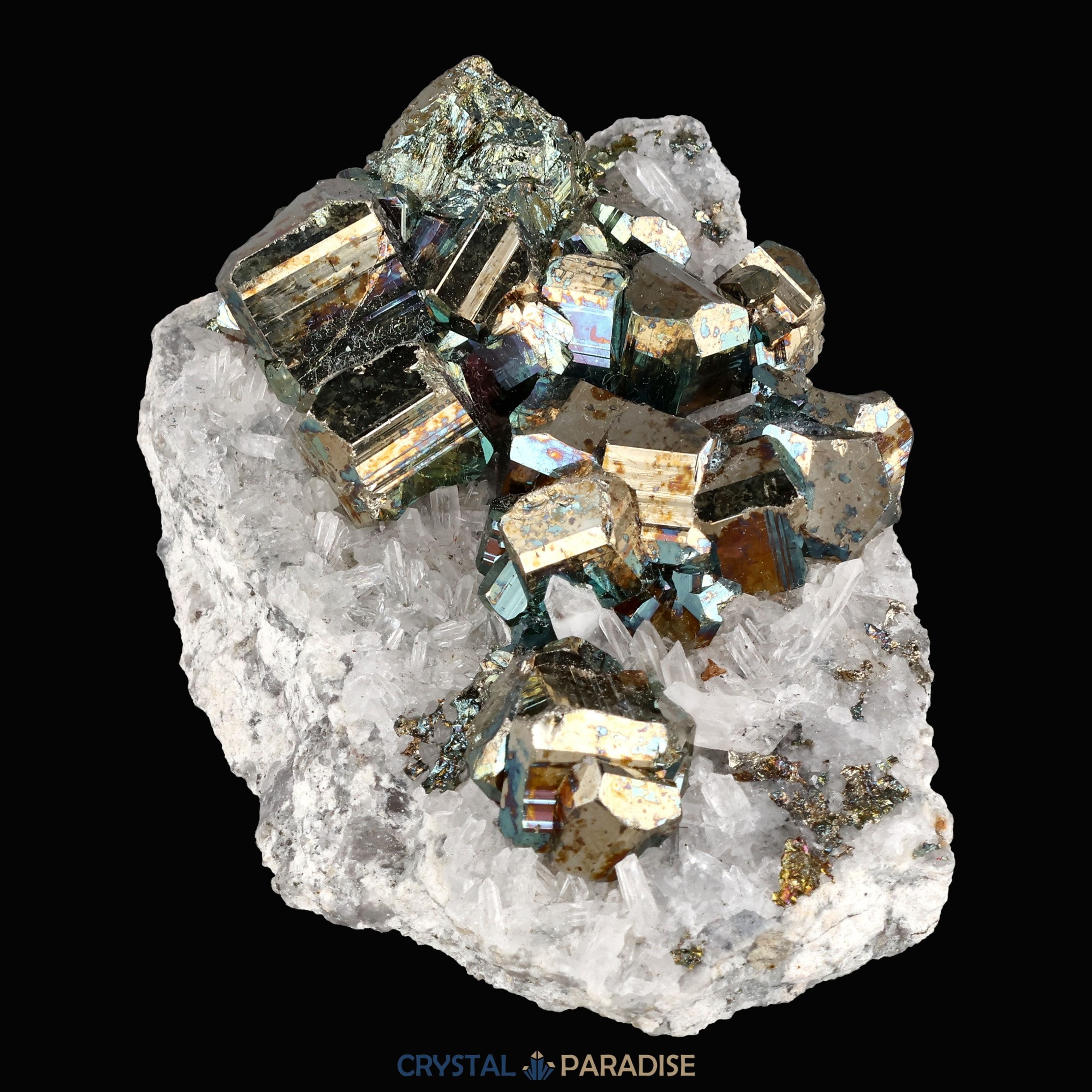 Regenbogen Pyrit an Bergkristall aus Indonesien (151g) - crystal paradise