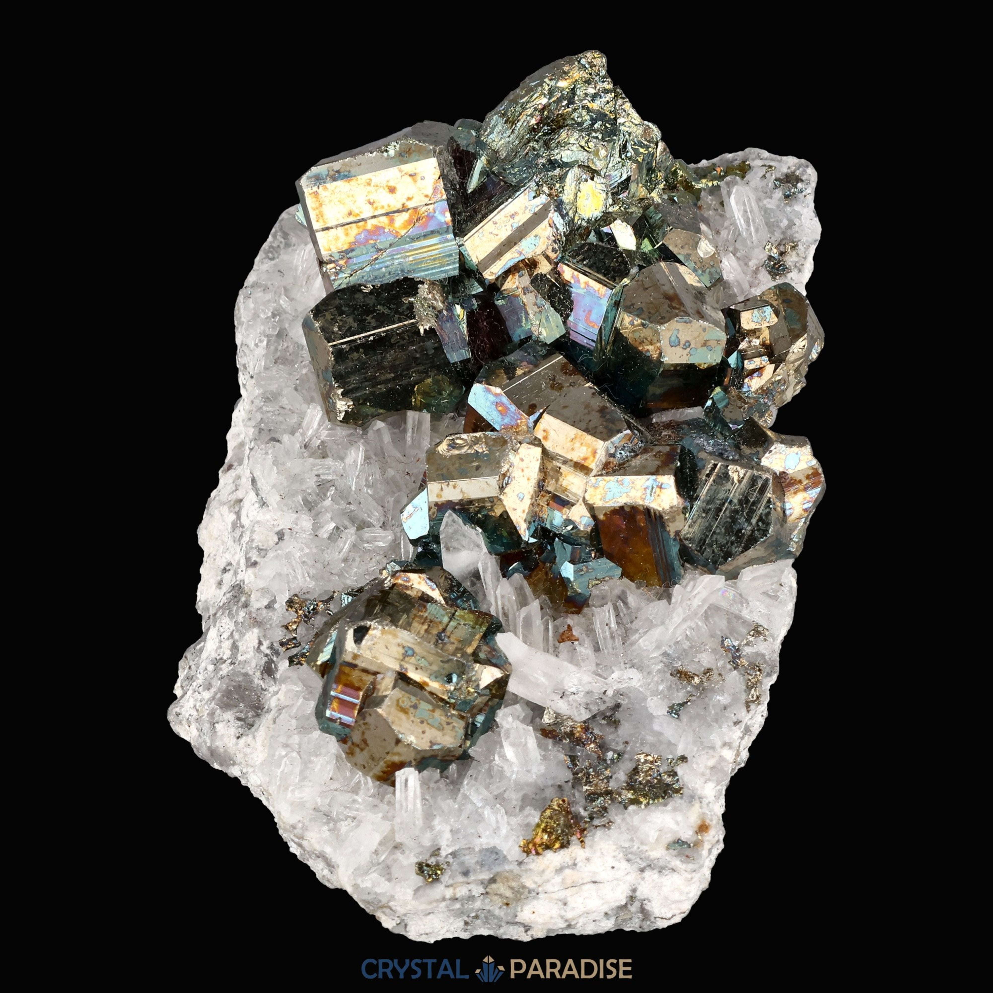 Regenbogen Pyrit an Bergkristall aus Indonesien (151g) - crystal paradise