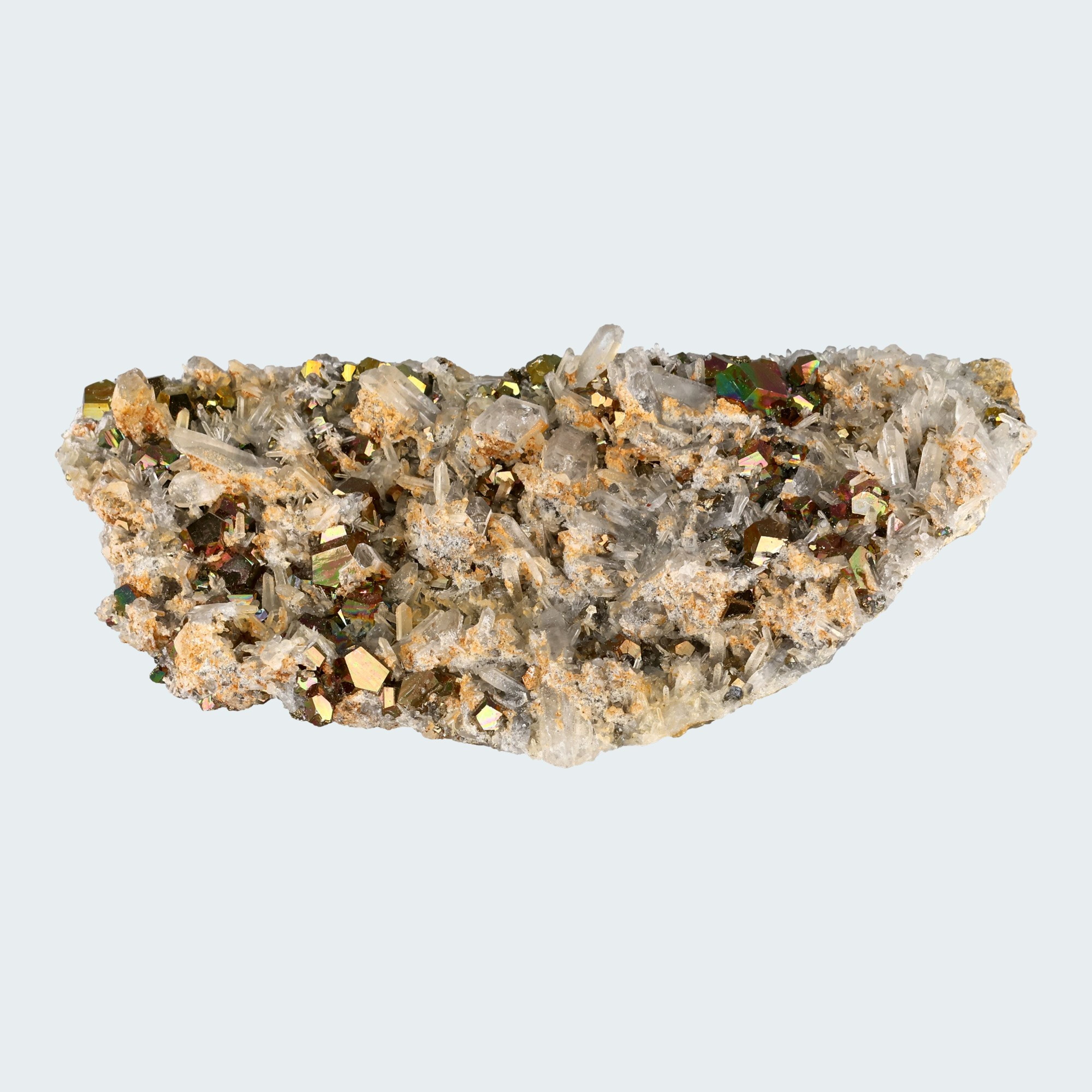 Regenbogen Pyrit an Bergkristall aus Indonesien (150g) - crystal paradise