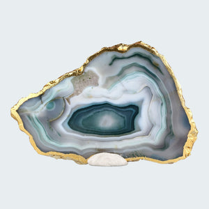 Achatscheibe Goldrand grün-weiß, ca. 10 cm, natürliches Unikat mit elegantem Goldrand-Finish