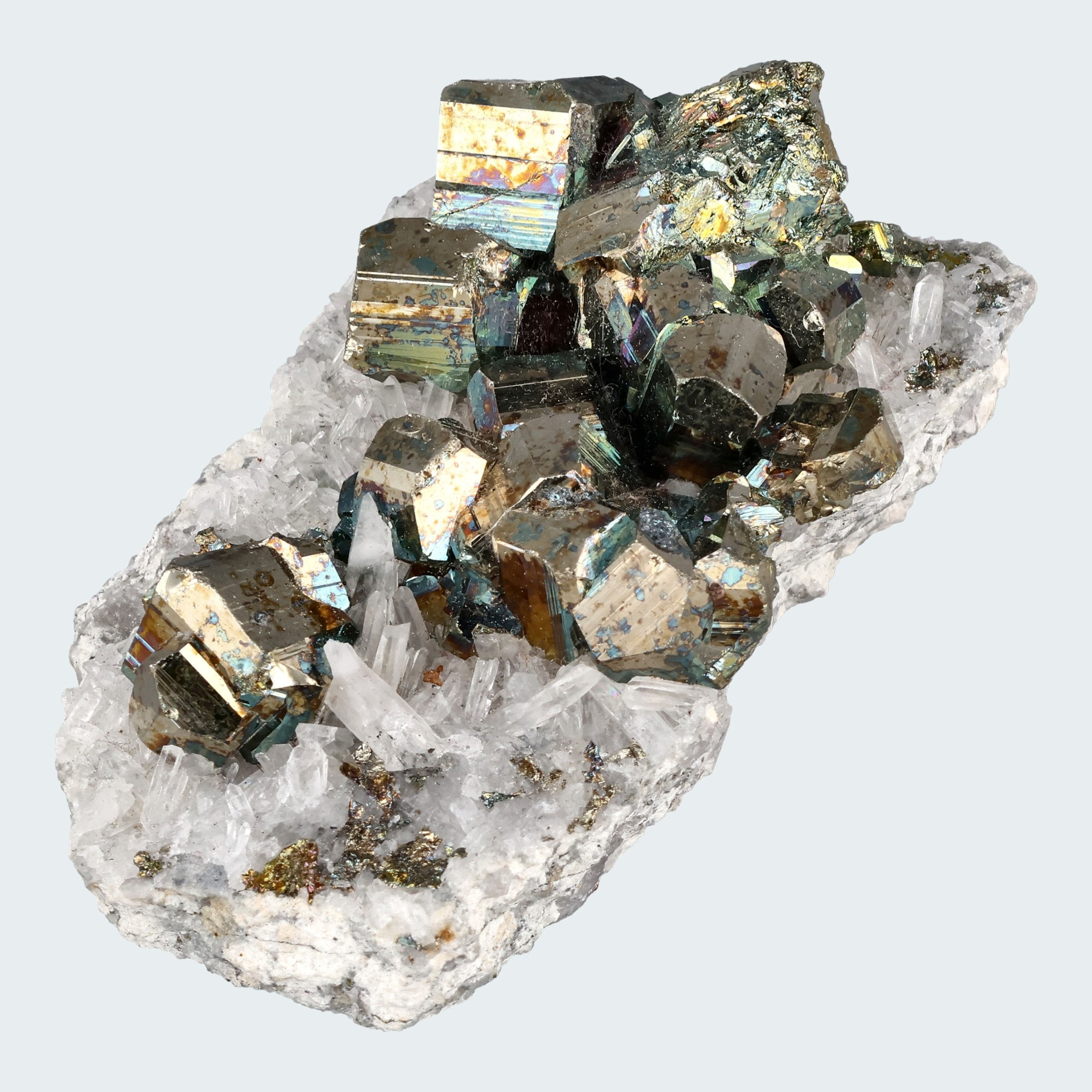 Regenbogen Pyrit an Bergkristall aus Indonesien (151g) - crystal paradise