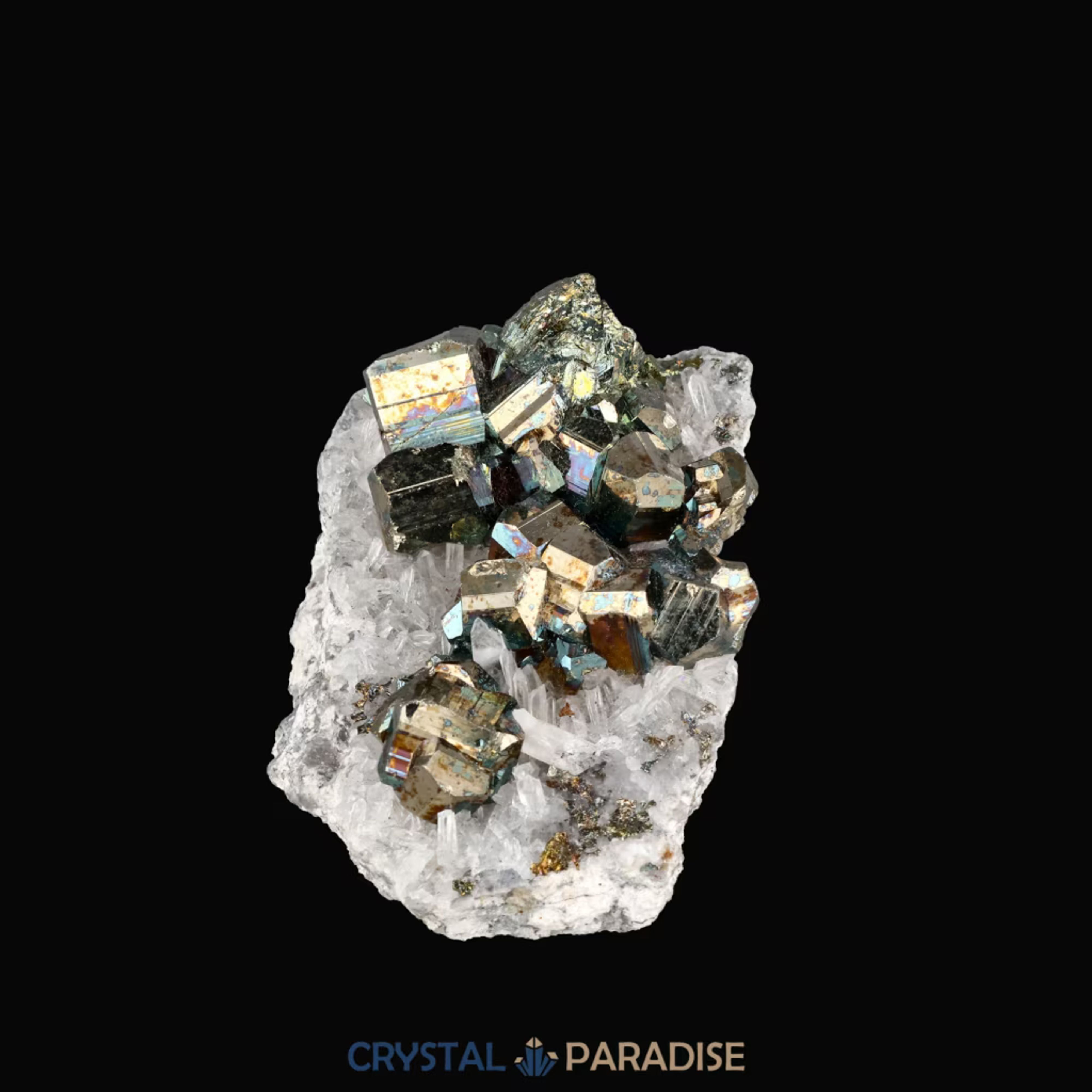 Regenbogen Pyrit an Bergkristall aus Indonesien (151g) - crystal paradise