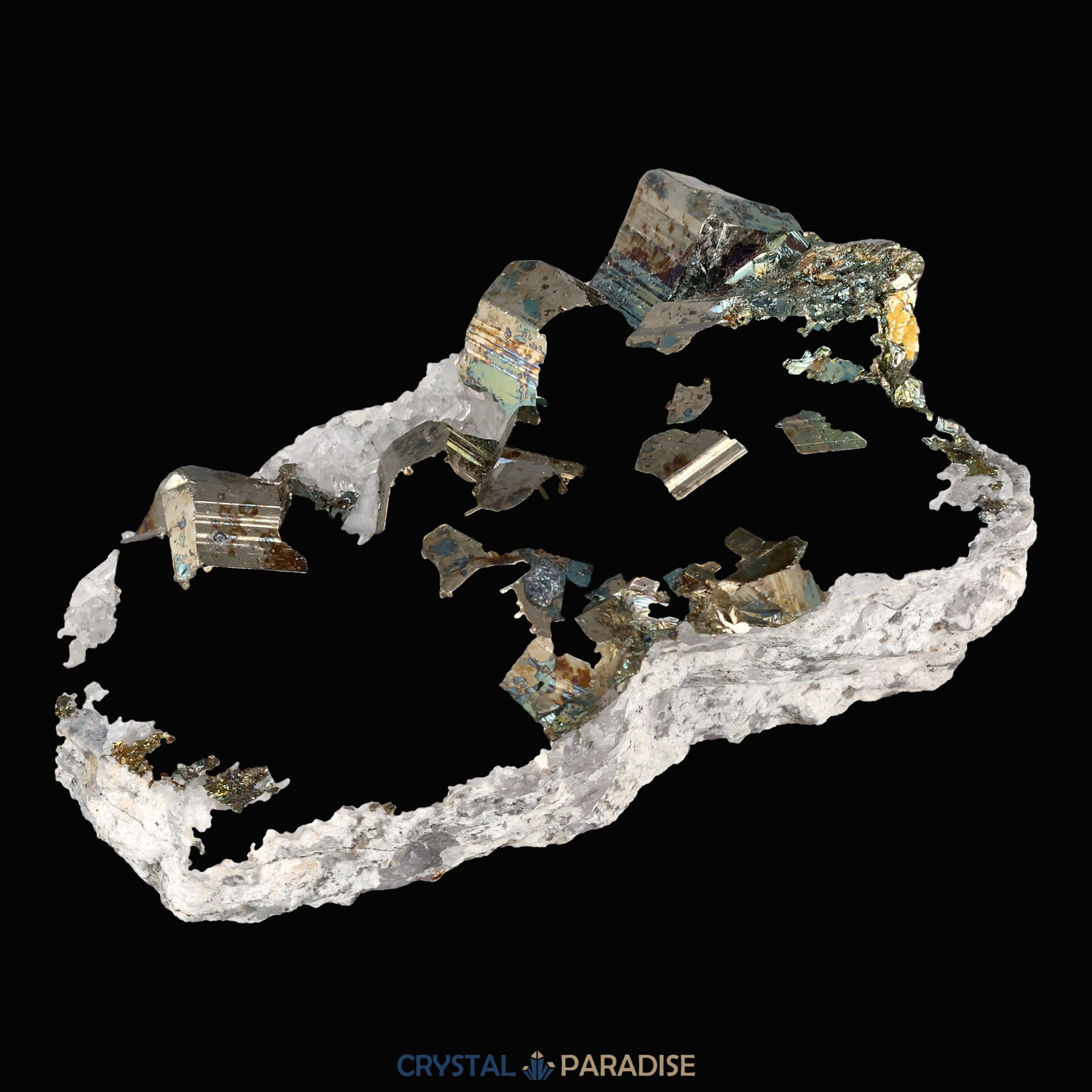 Regenbogen Pyrit an Bergkristall aus Indonesien (151g) - crystal paradise