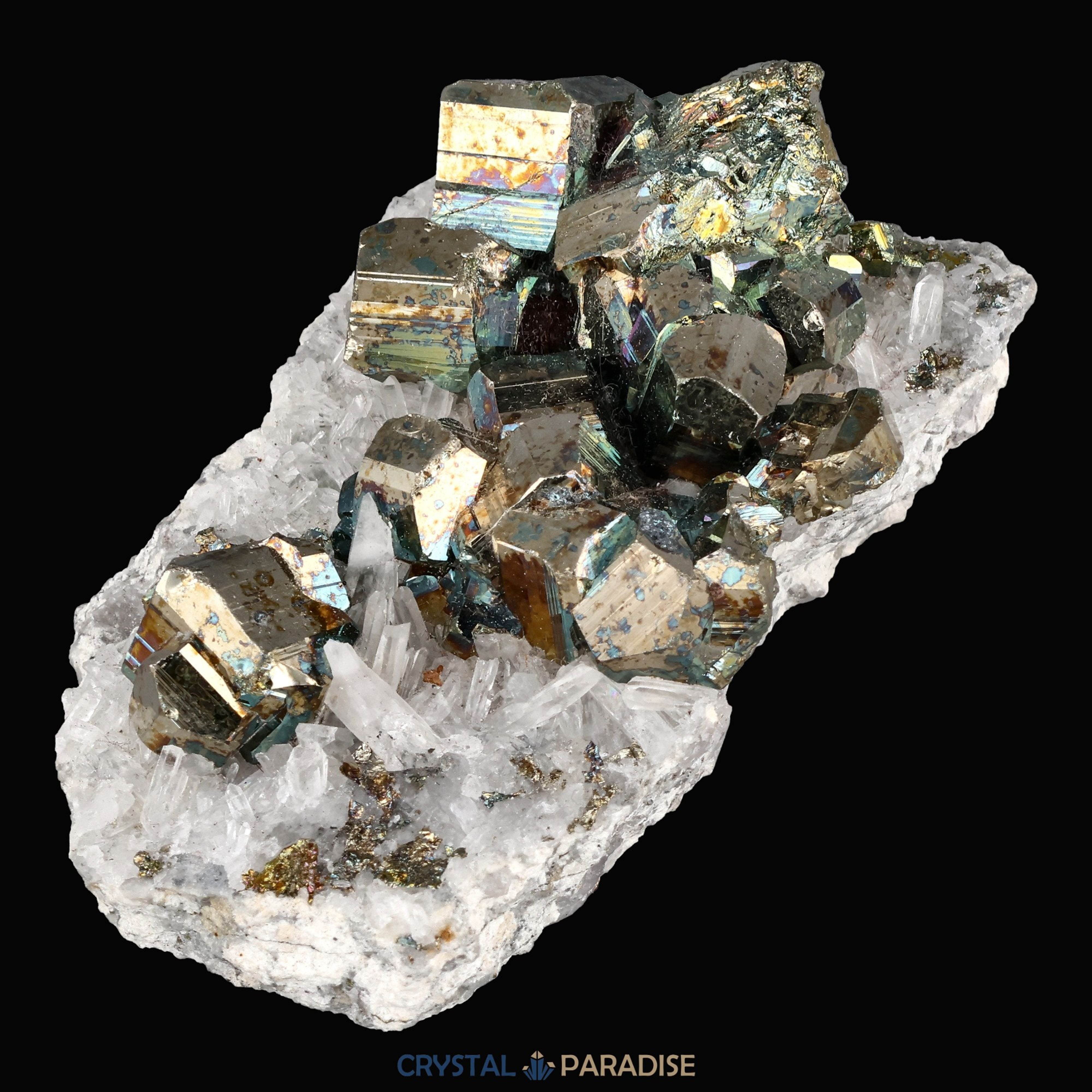 Regenbogen Pyrit an Bergkristall aus Indonesien (151g) - crystal paradise