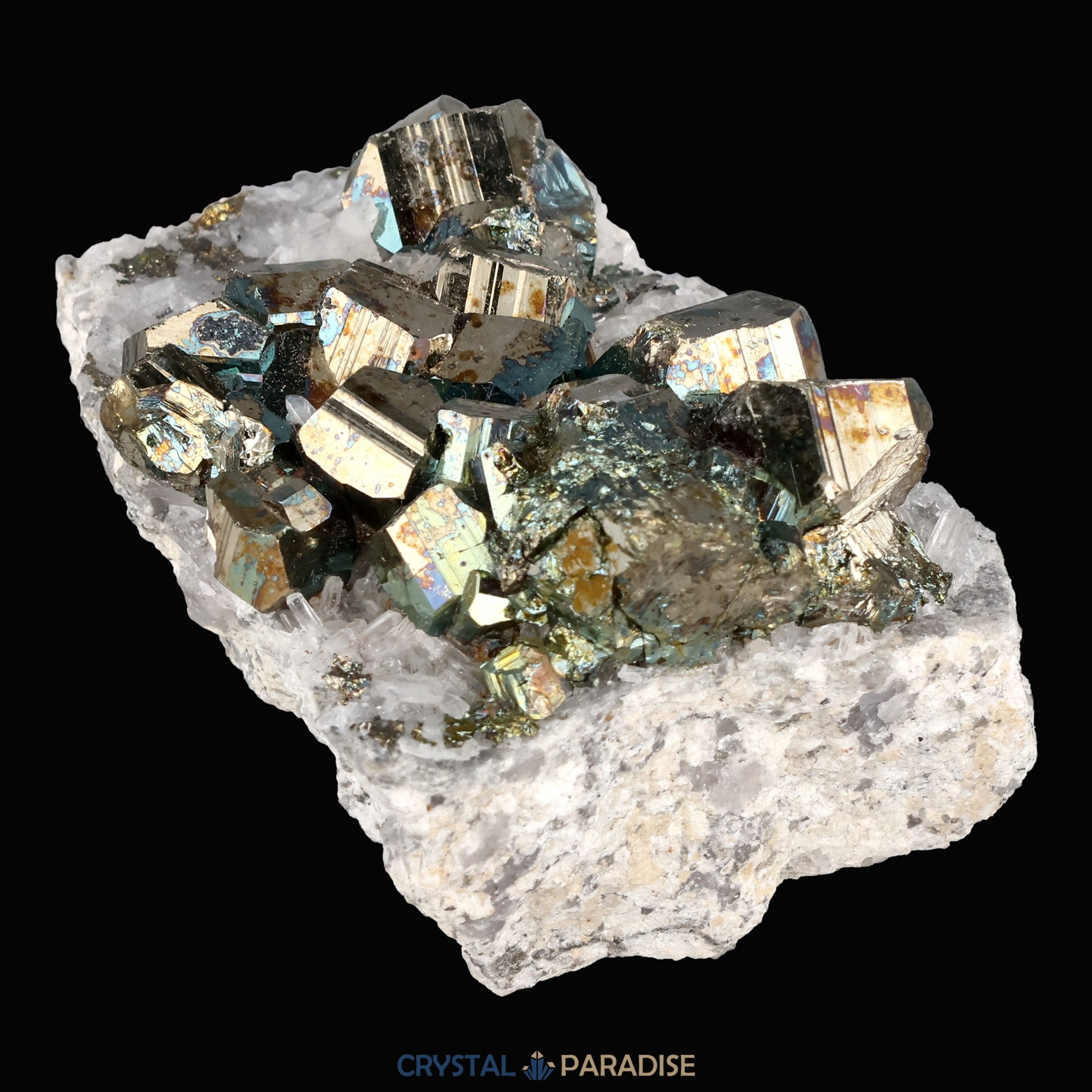 Regenbogen Pyrit an Bergkristall aus Indonesien (151g) - crystal paradise