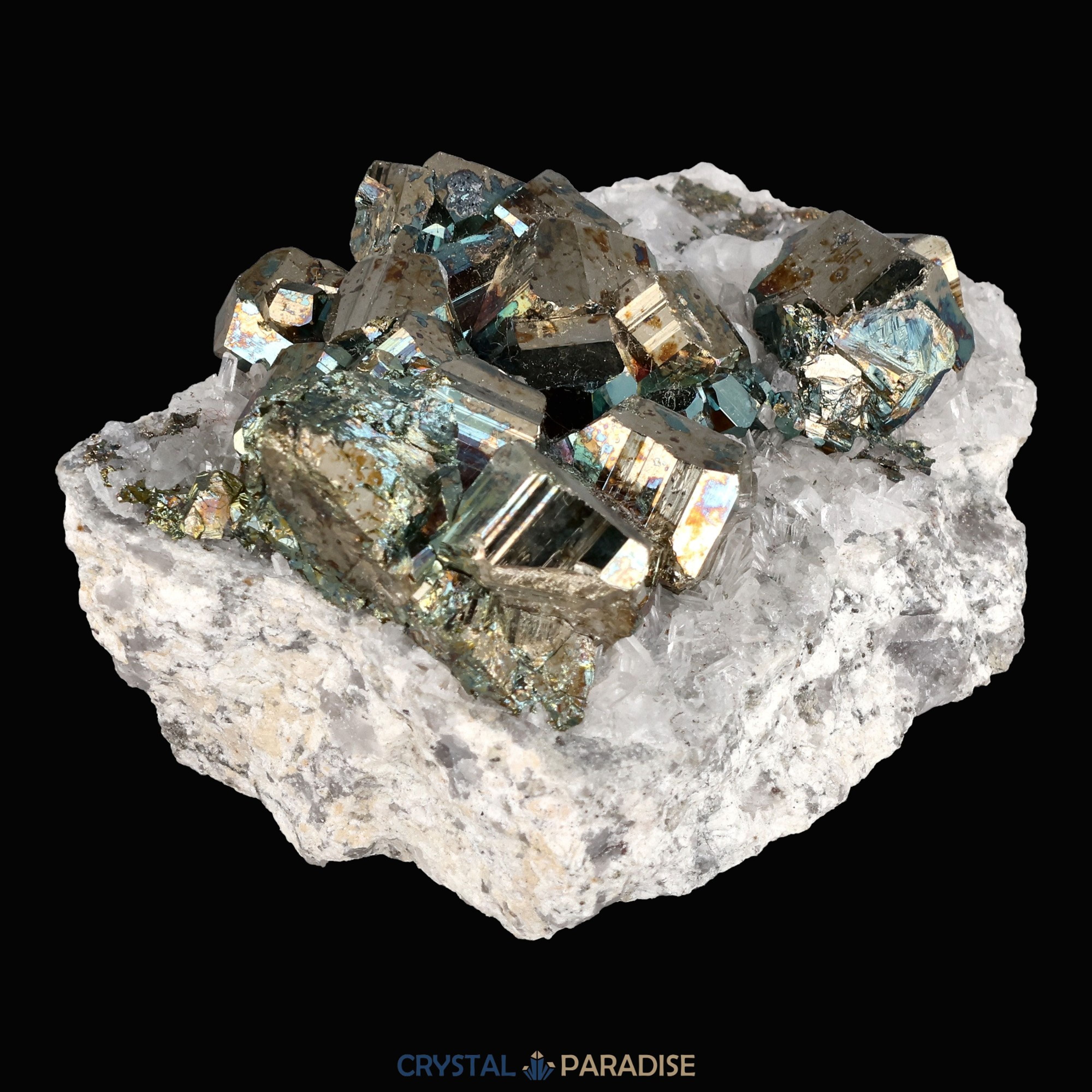 Regenbogen Pyrit an Bergkristall aus Indonesien (151g) - crystal paradise