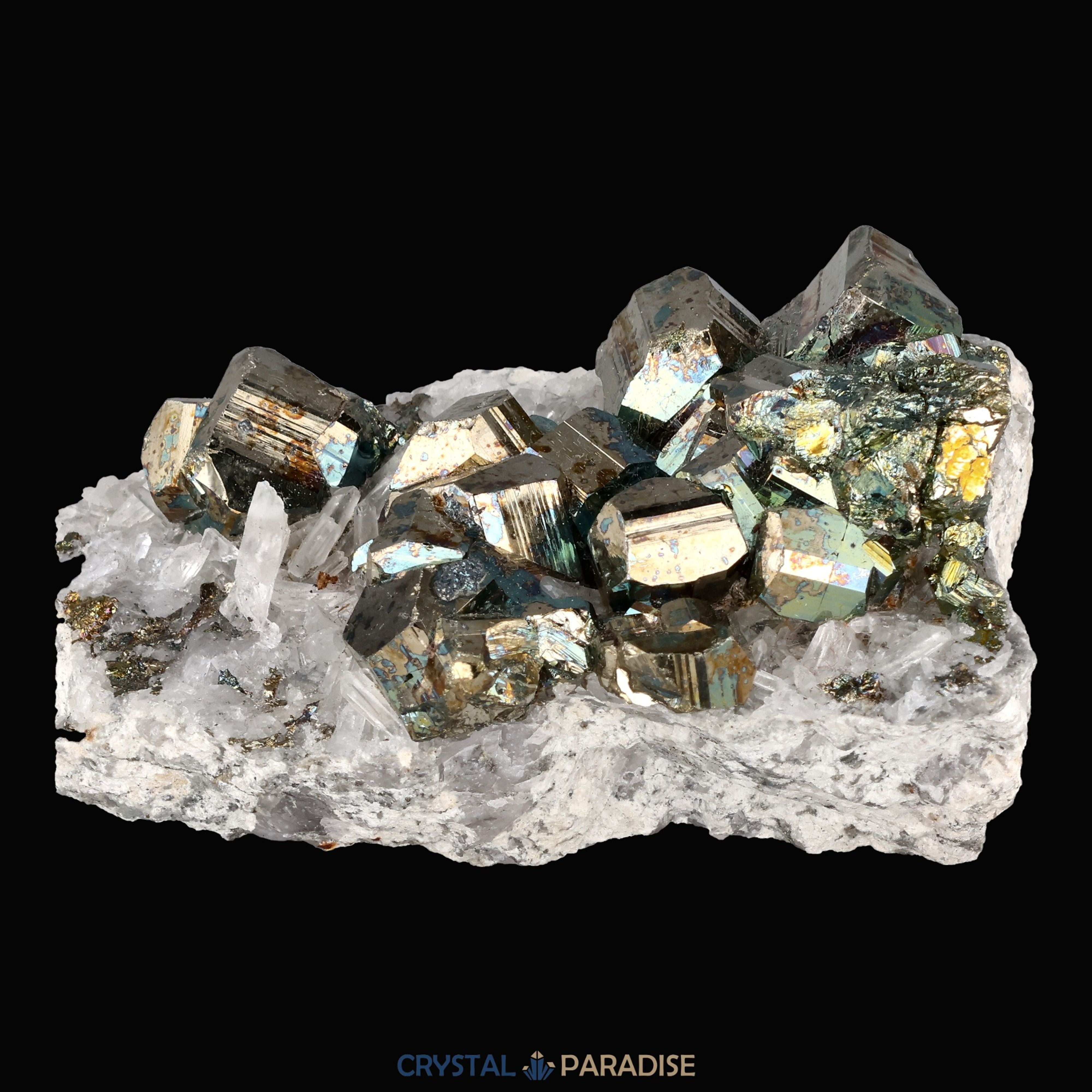 Regenbogen Pyrit an Bergkristall aus Indonesien (151g) - crystal paradise