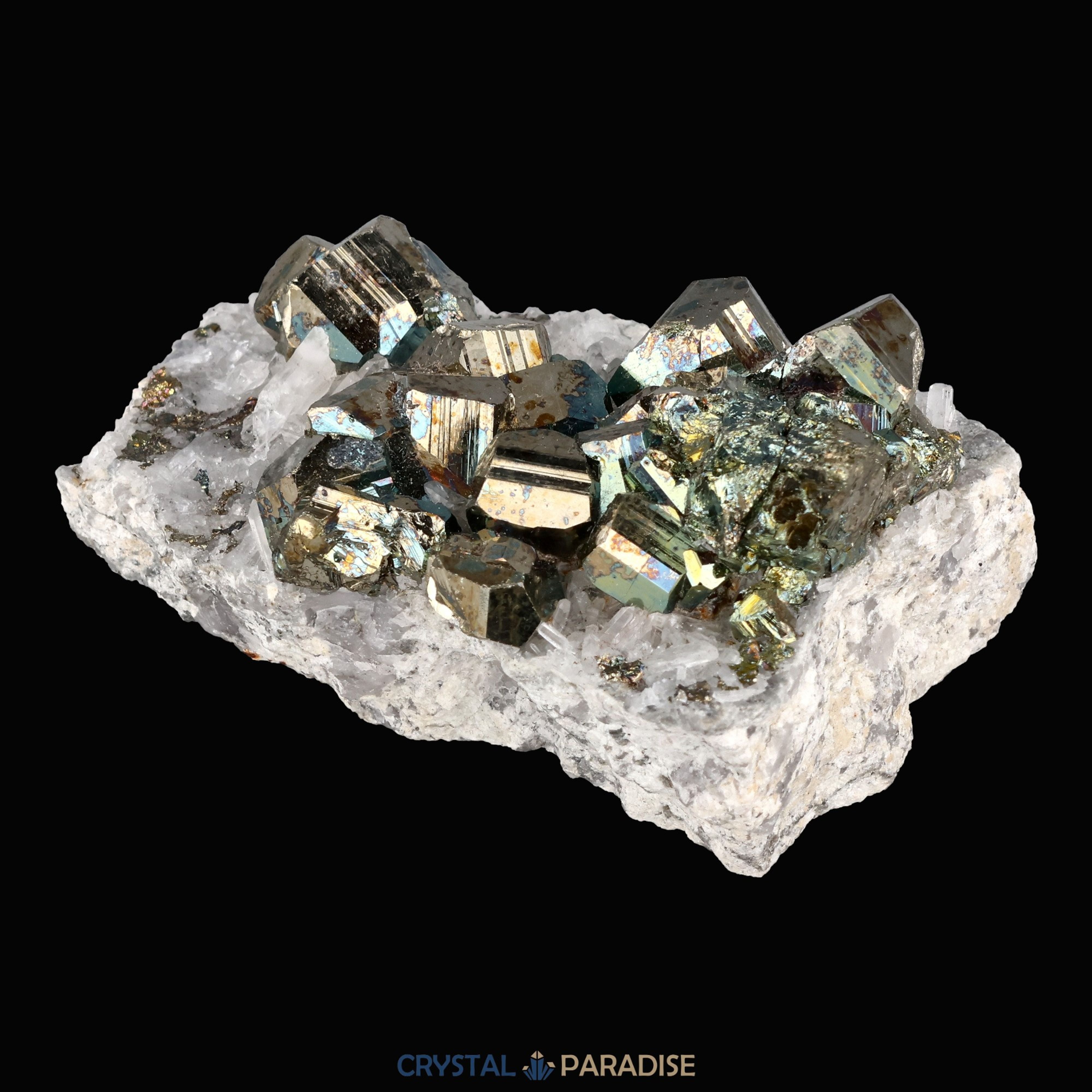 Regenbogen Pyrit an Bergkristall aus Indonesien (151g) - crystal paradise